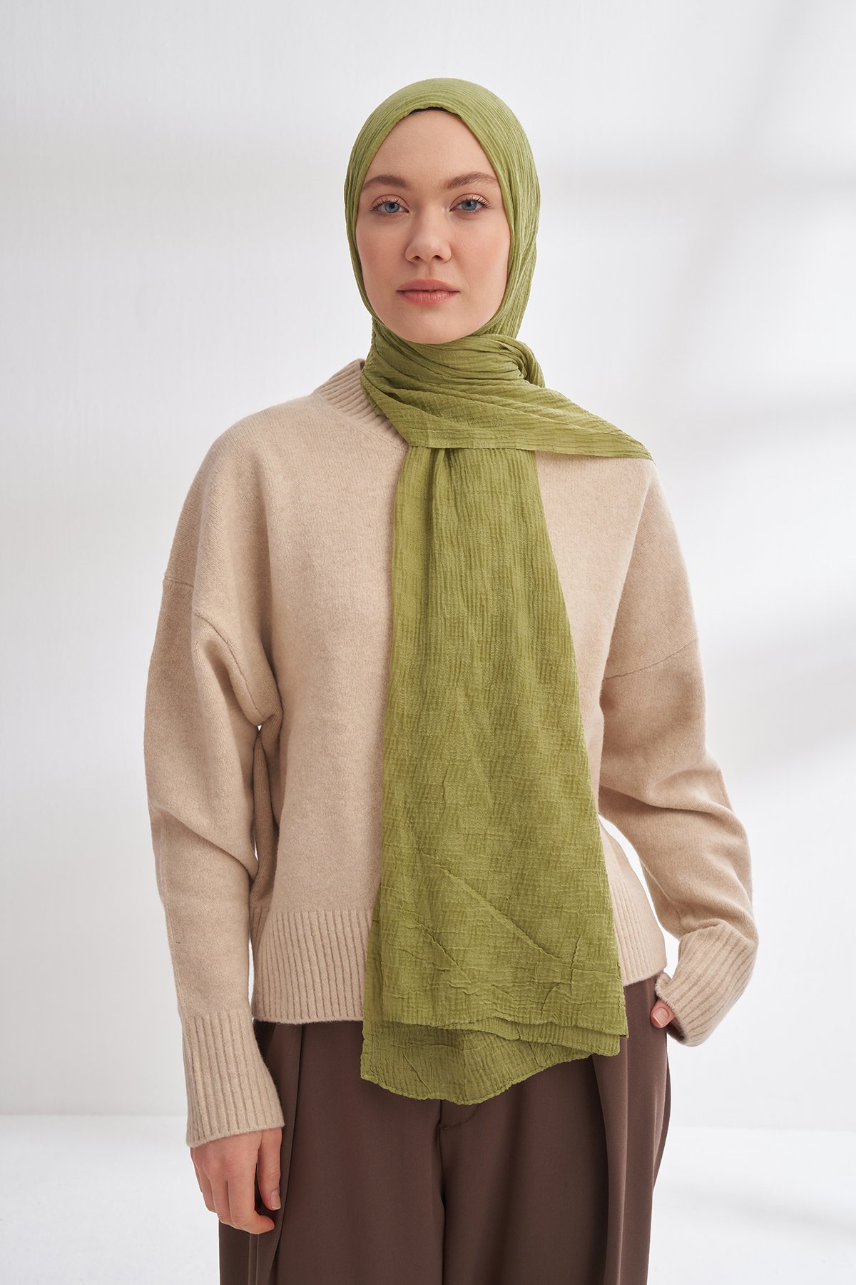 MÜSLİN DAMA DESEN ŞAL - OLIVE