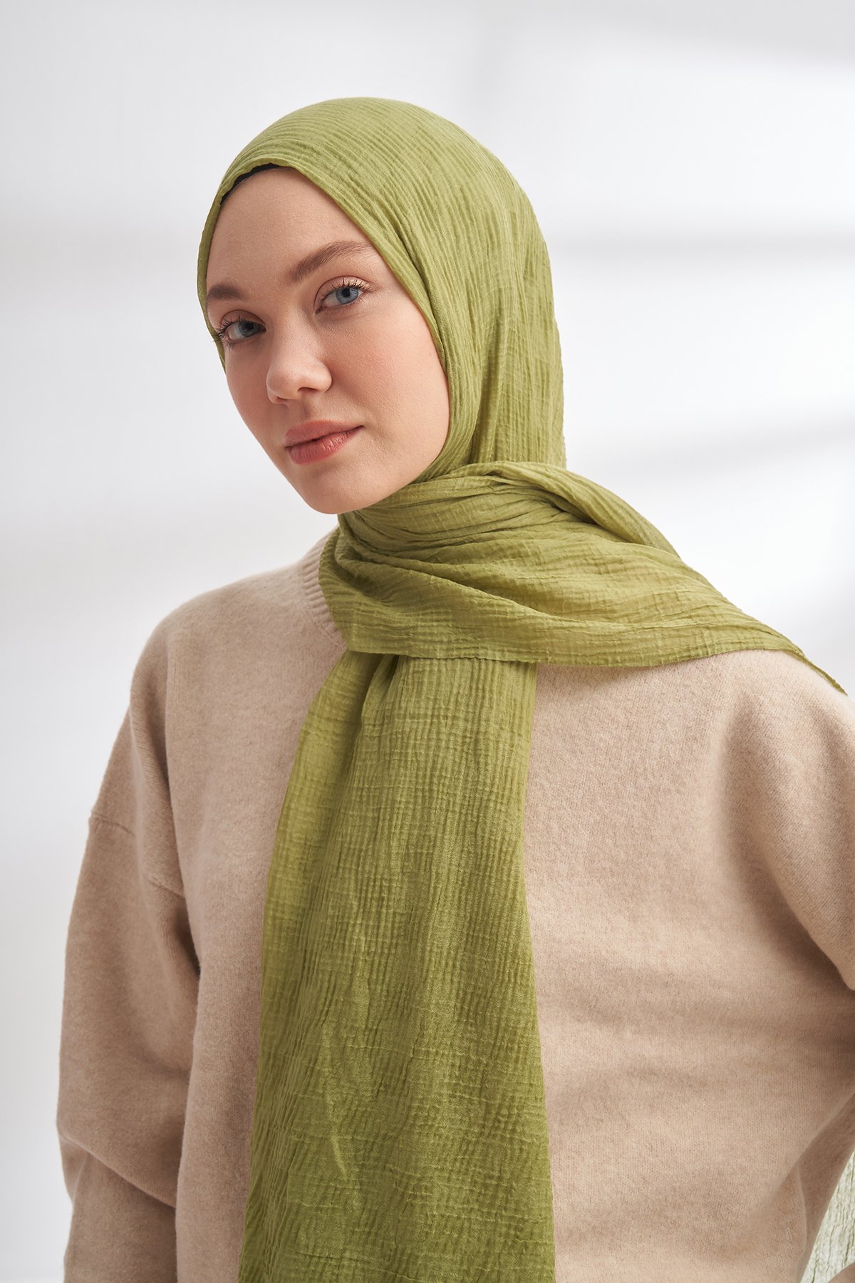 MÜSLİN DAMA DESEN ŞAL - OLIVE