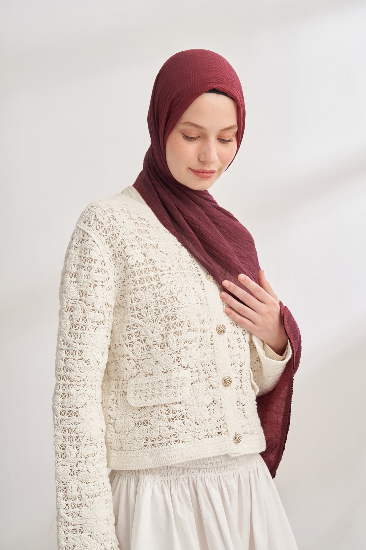 MÜSLİN DEGRADE BİYELİ ŞAL - BURGUNDY - BORDO