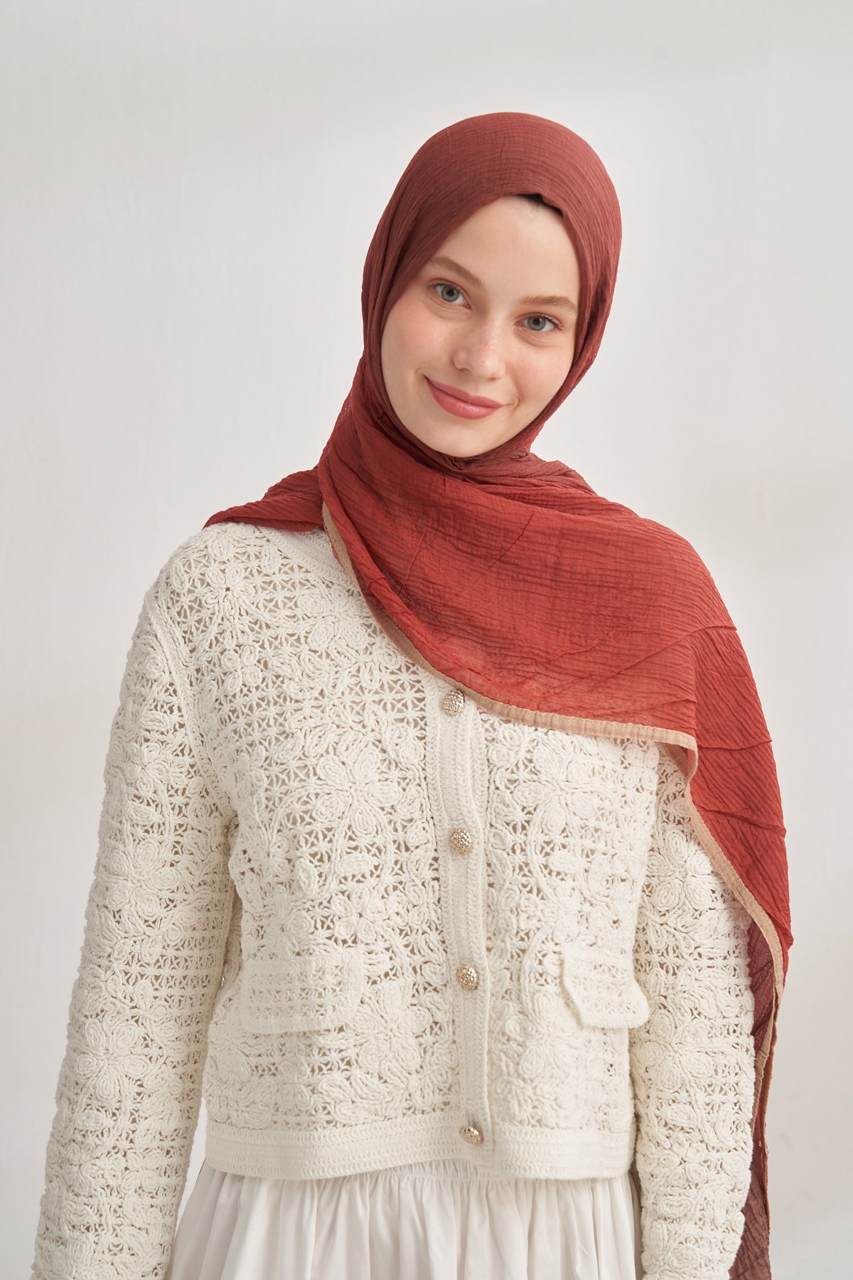 MÜSLİN DEGRADE BİYELİ ŞAL - KAHVE - KİREMİT