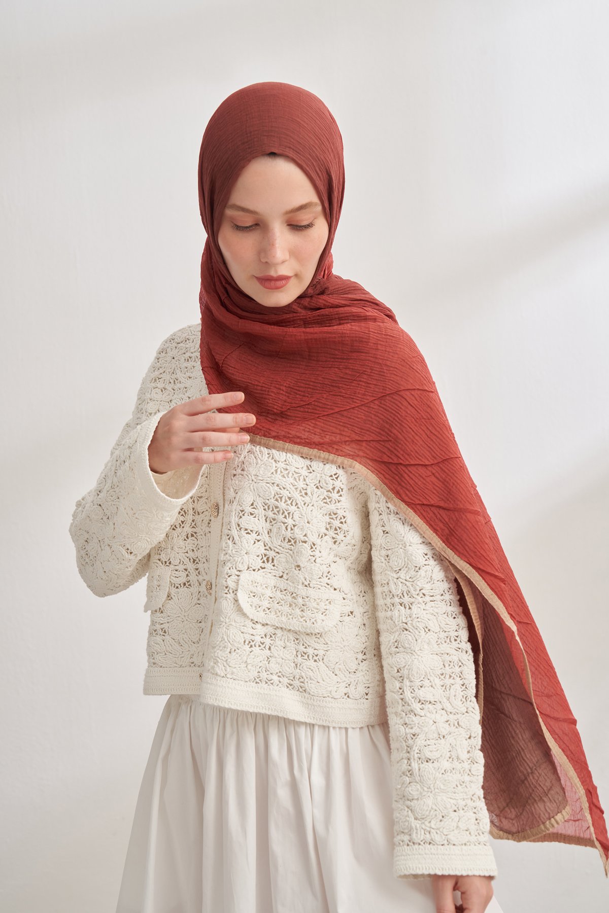 MÜSLİN DEGRADE BİYELİ ŞAL - KAHVE - KİREMİT