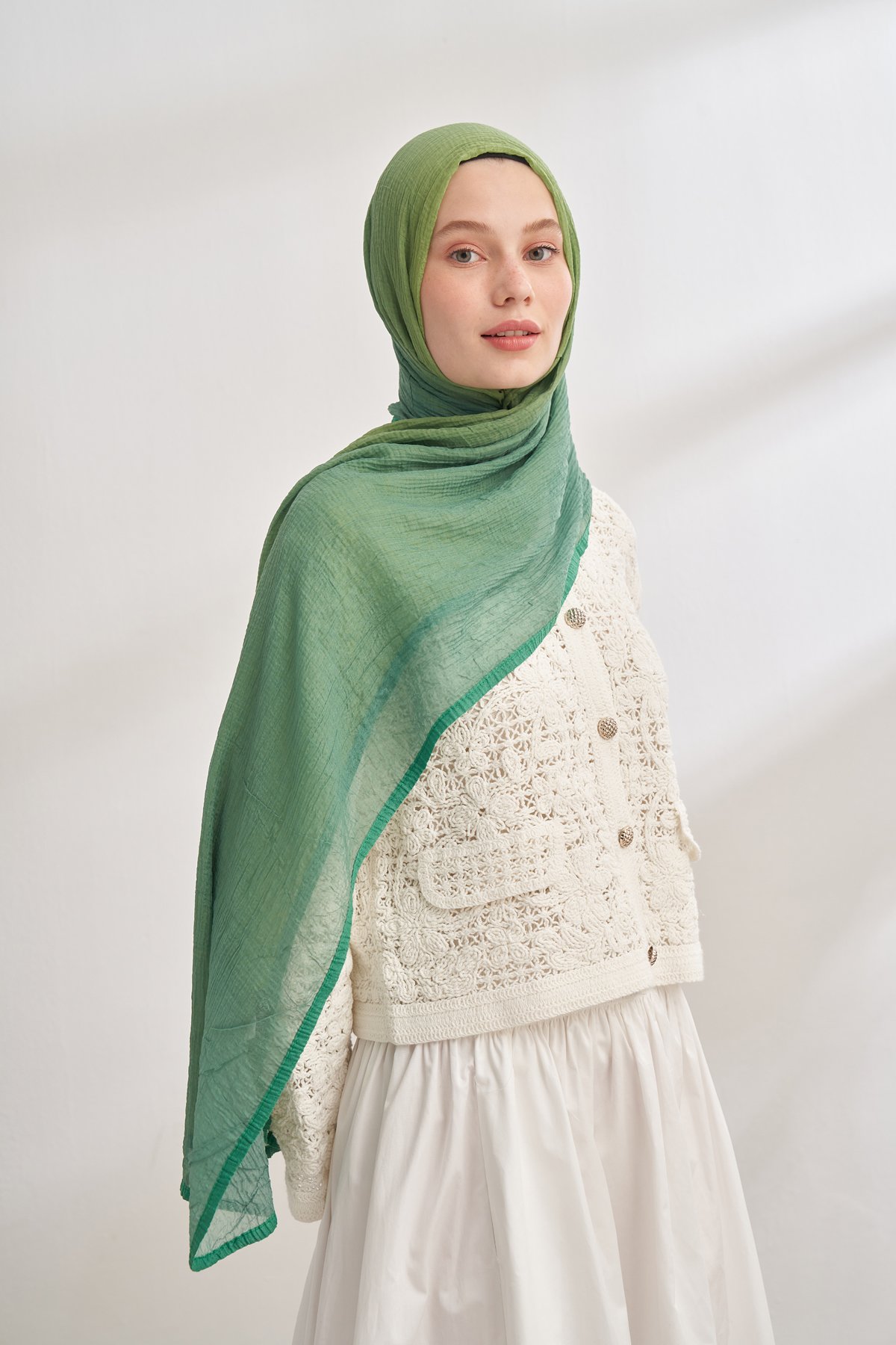 MÜSLİN DEGRADE BİYELİ ŞAL - KAŞMİR YAĞ YEŞİLİ