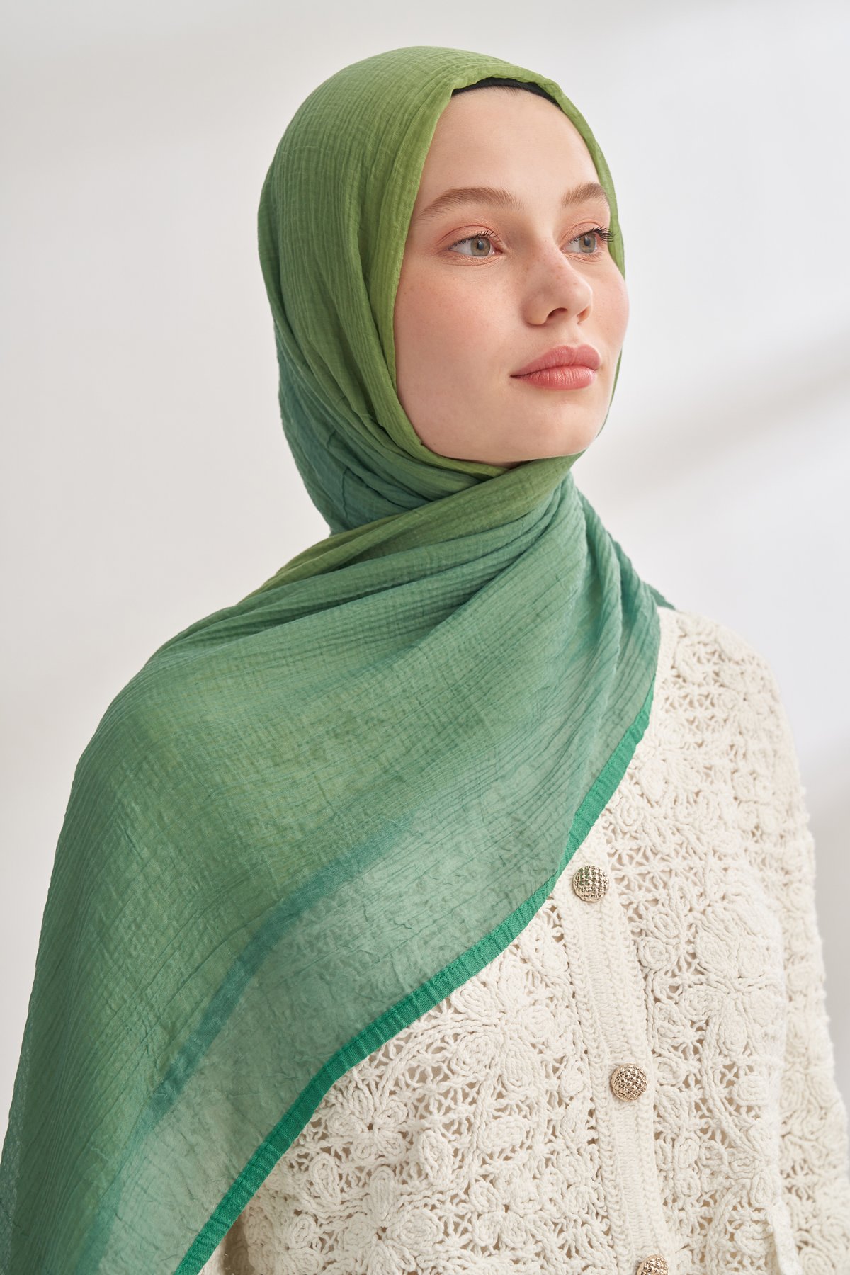 MÜSLİN DEGRADE BİYELİ ŞAL - KAŞMİR YAĞ YEŞİLİ