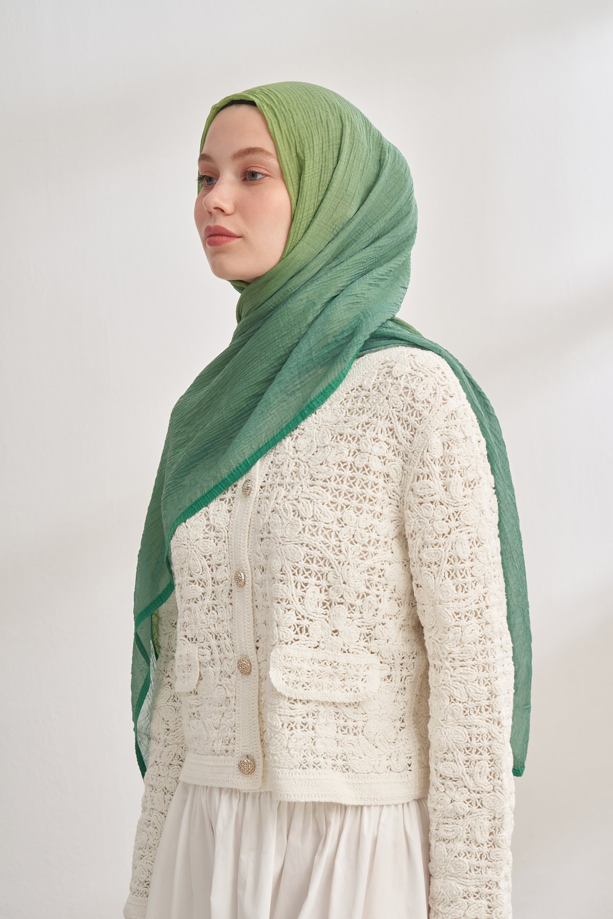 MÜSLİN DEGRADE BİYELİ ŞAL - KAŞMİR YAĞ YEŞİLİ
