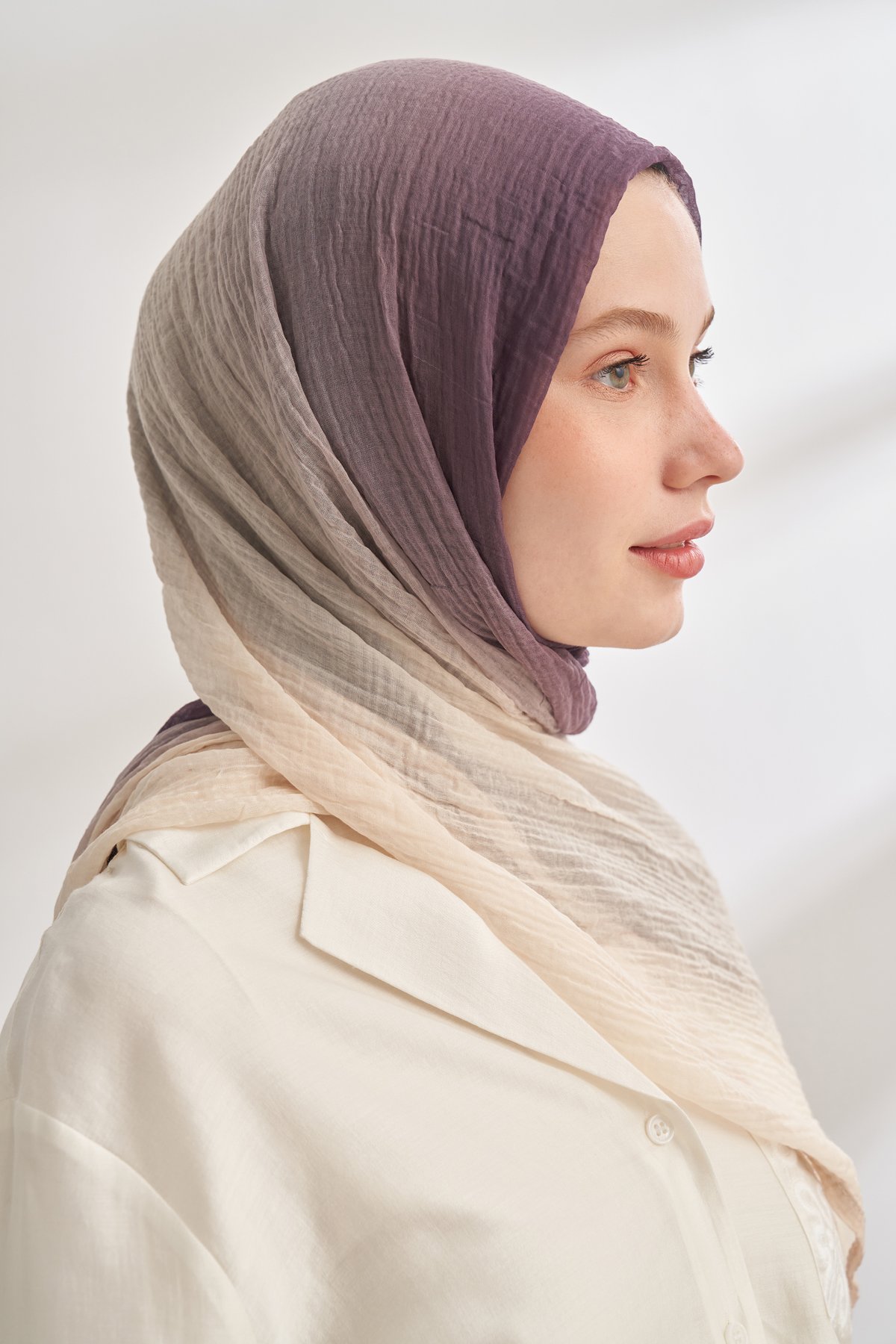 MÜSLİN DEGRADE BİYELİ ŞAL - MÜRDÜM - KREM