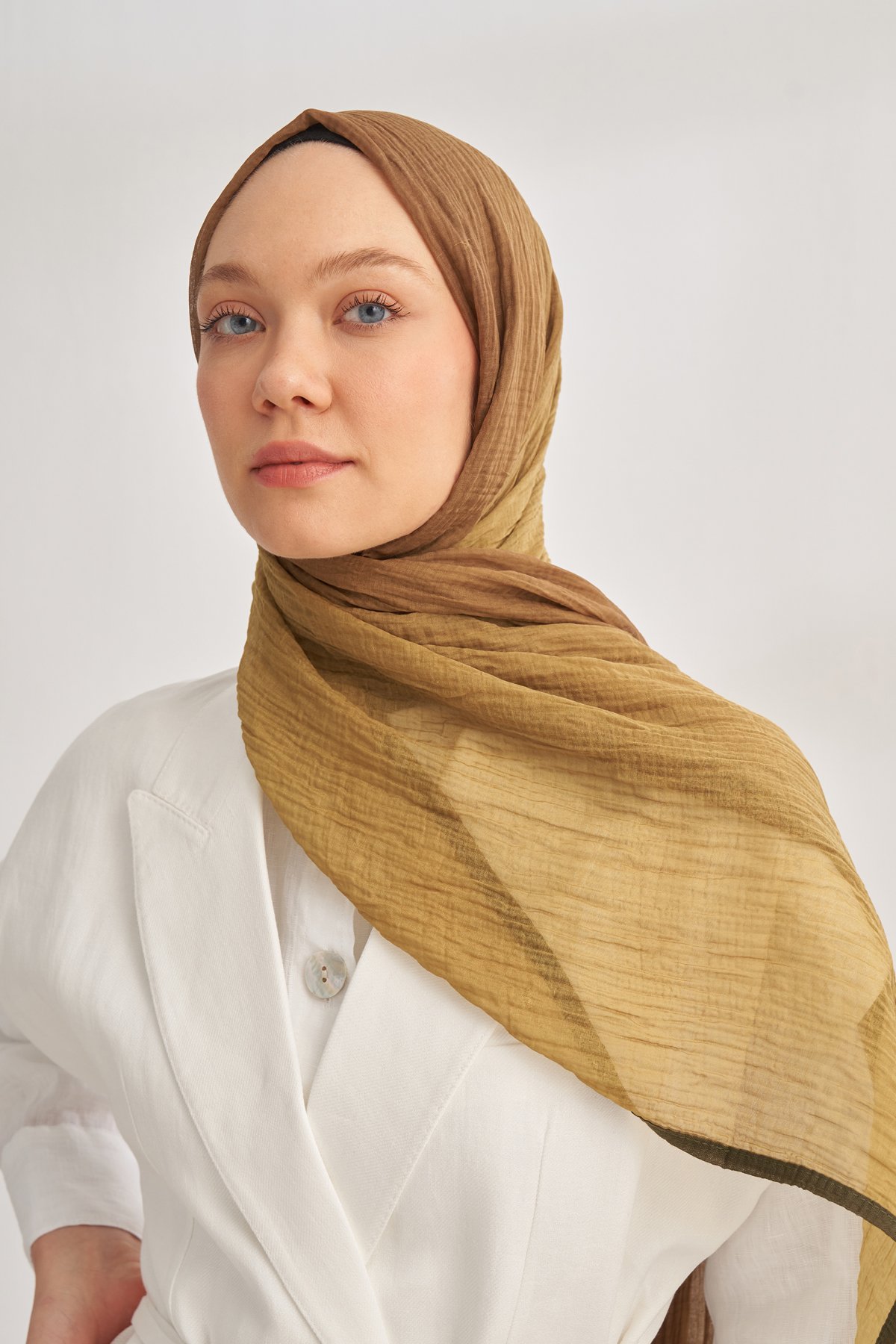 MÜSLİN DEGRADE BİYELİ ŞAL - YAĞ YEŞİLİ