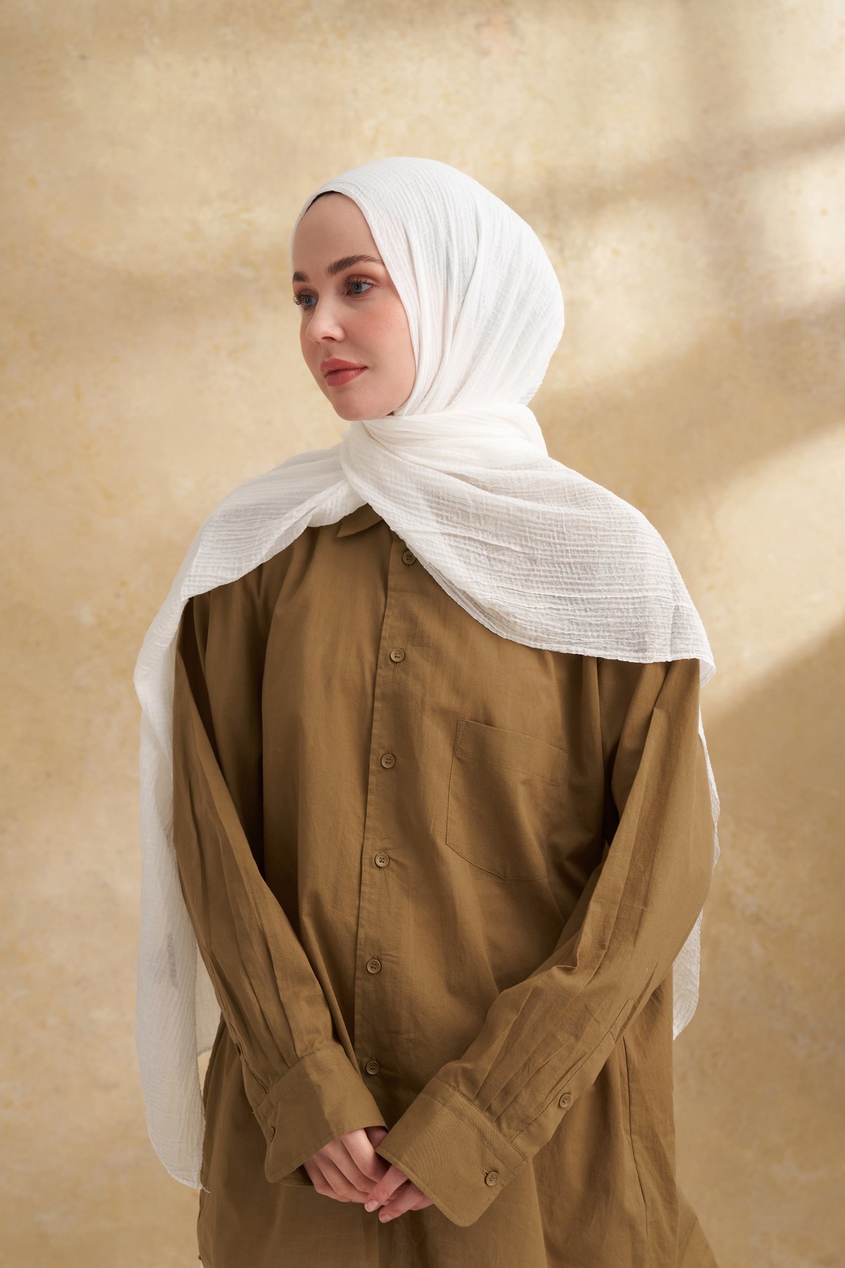 MÜSLİN YAPRAK DESEN ŞAL - EKRU