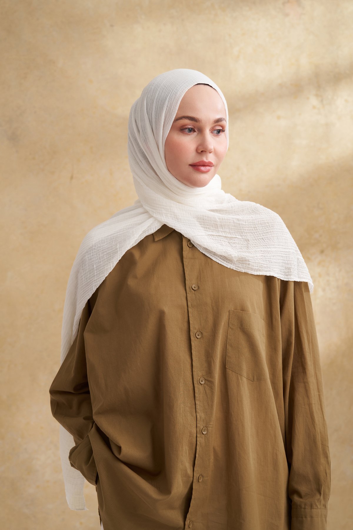 MÜSLİN YAPRAK DESEN ŞAL - EKRU