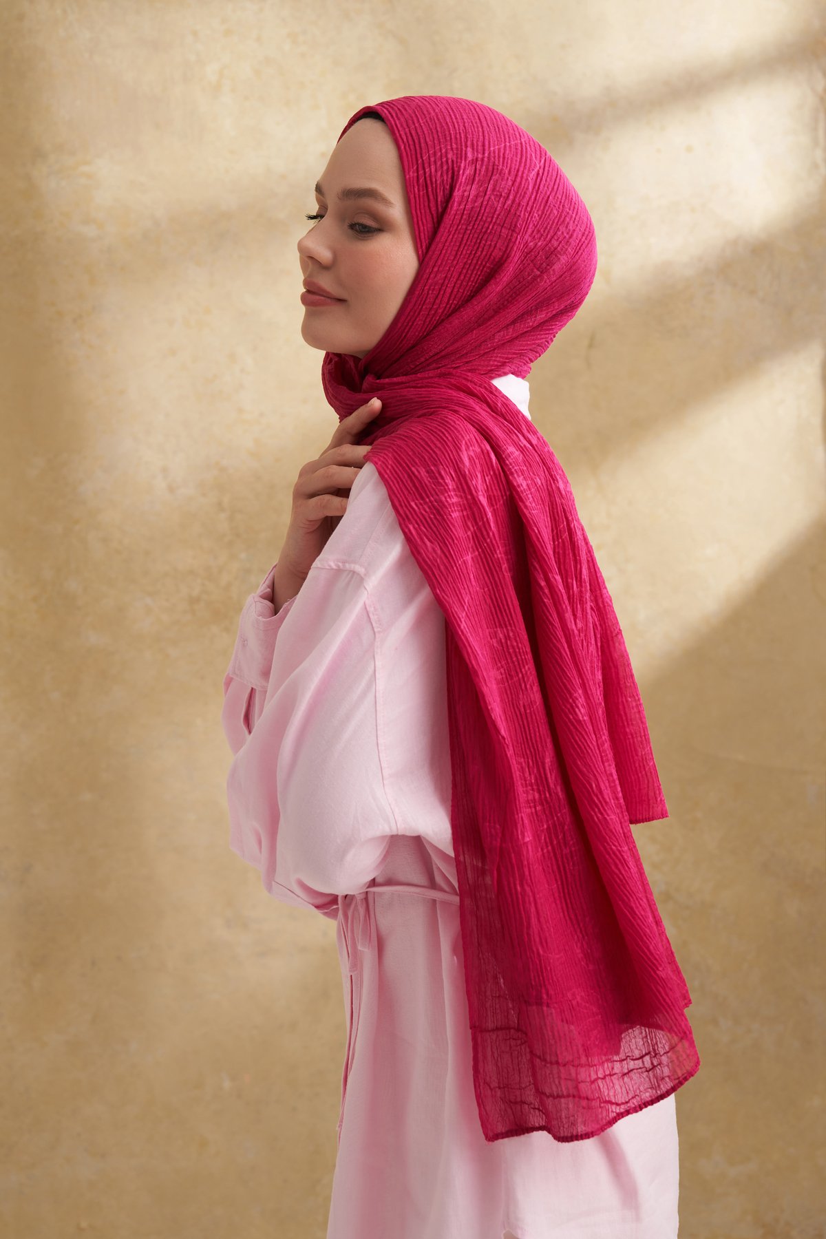 MÜSLİN YAPRAK DESEN ŞAL - FUŞYA