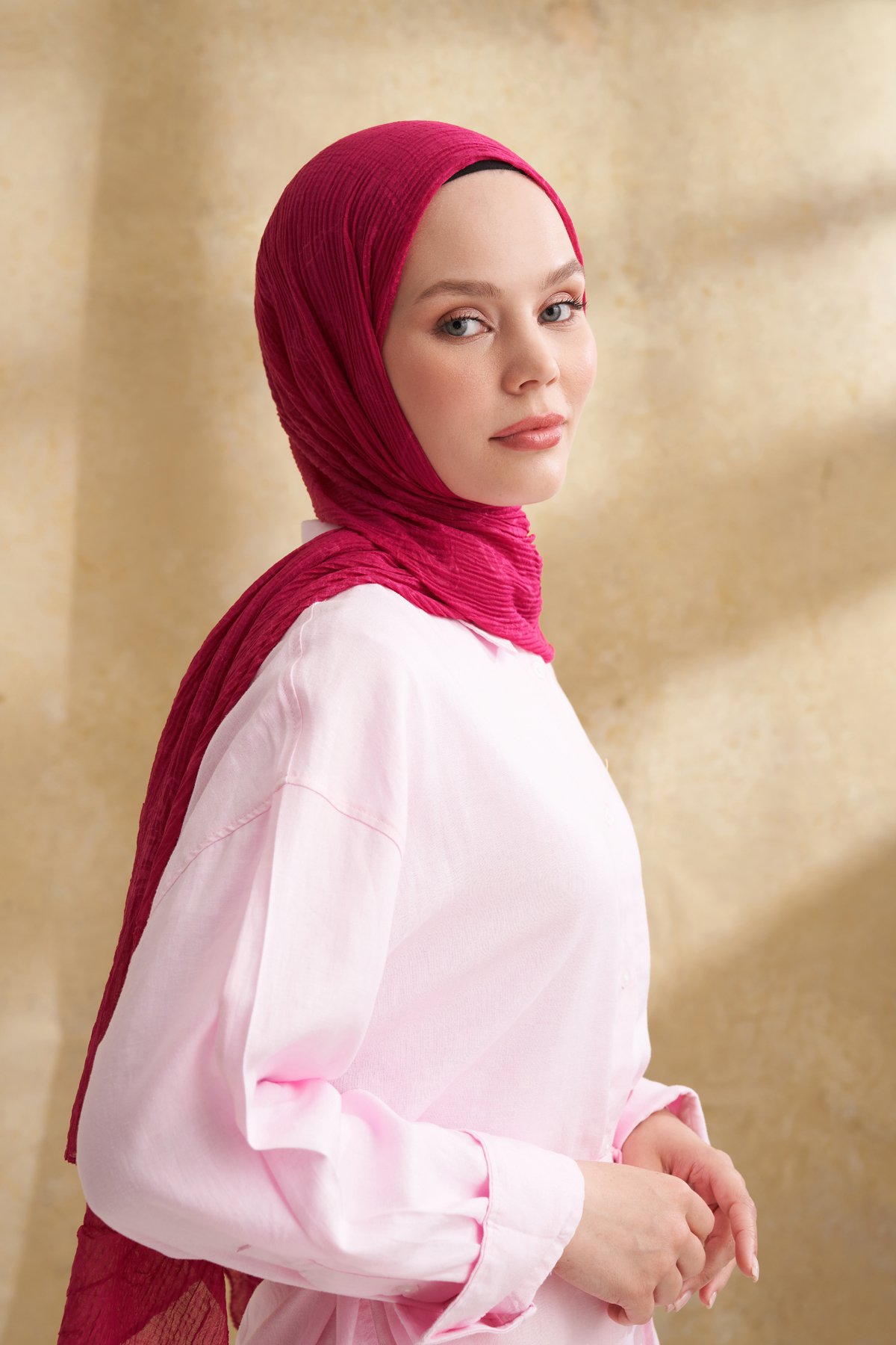 MÜSLİN YAPRAK DESEN ŞAL - FUŞYA