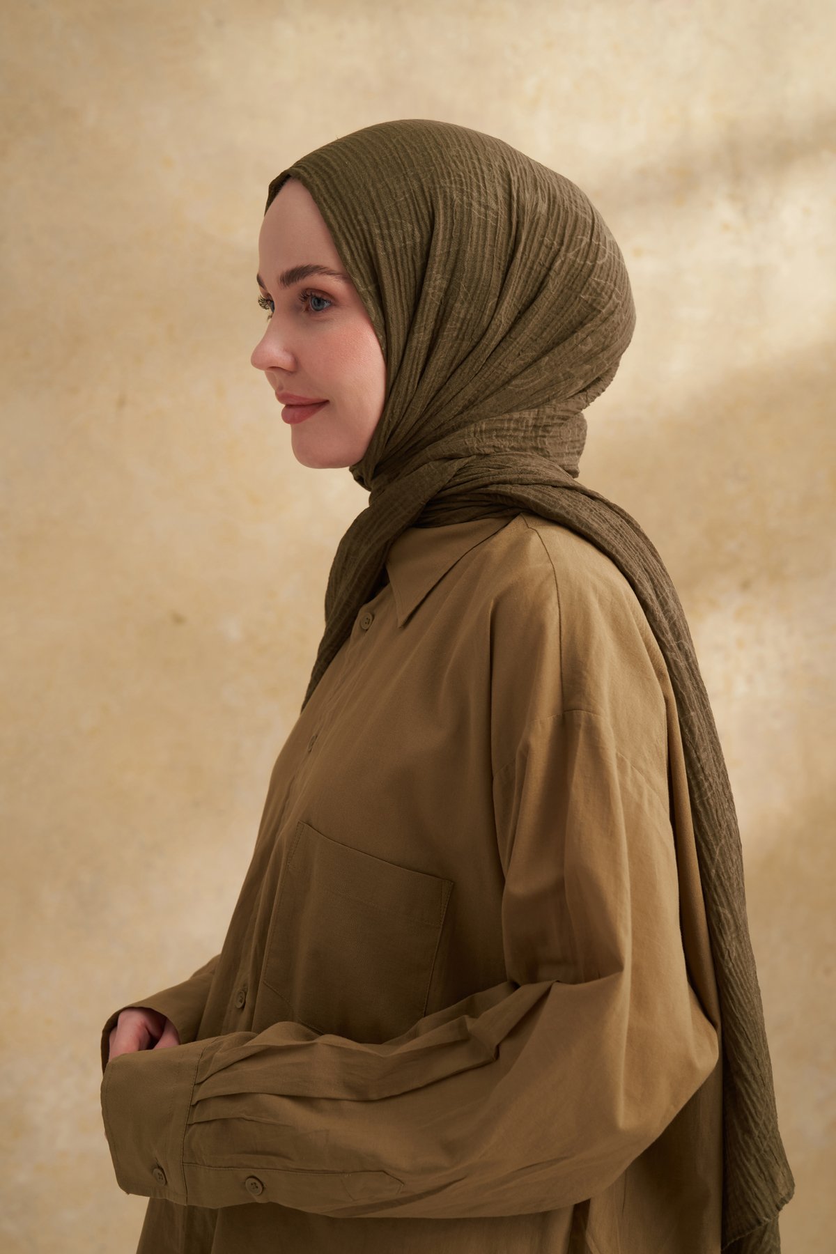 MÜSLİN YAPRAK DESEN ŞAL - HAKİ