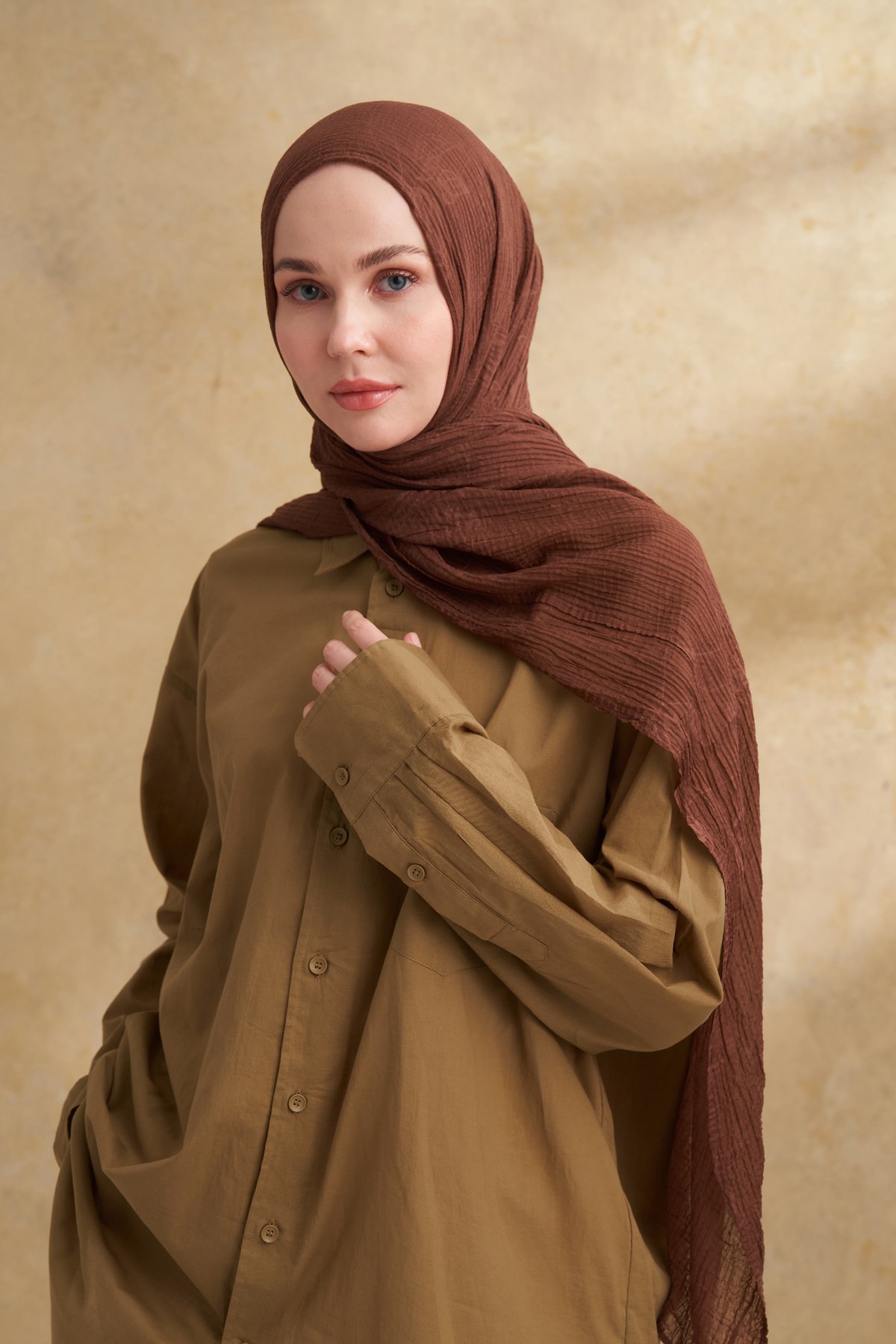 MÜSLİN YAPRAK DESEN ŞAL - KAHVE