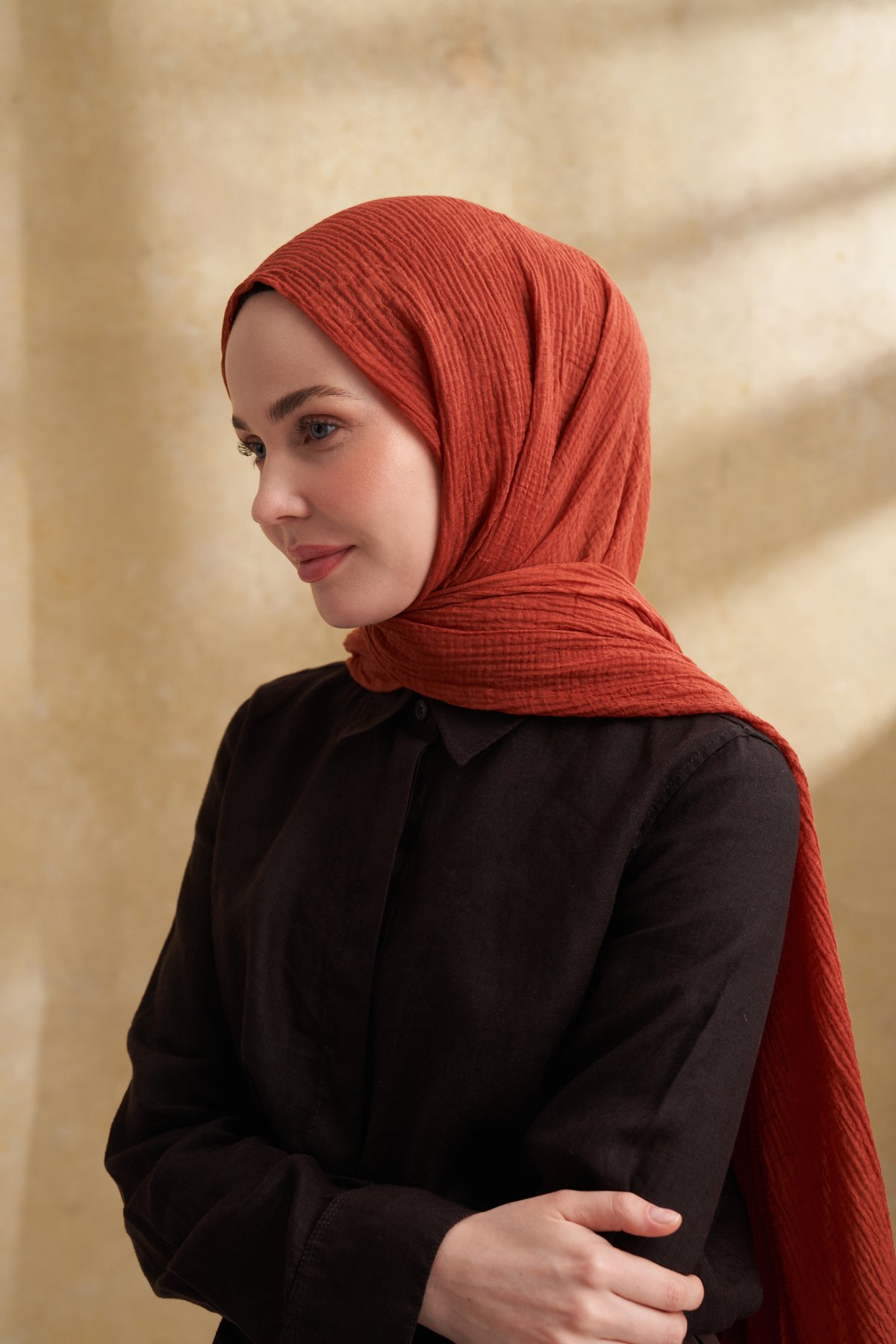 MÜSLİN YAPRAK DESEN ŞAL - KİREMİT