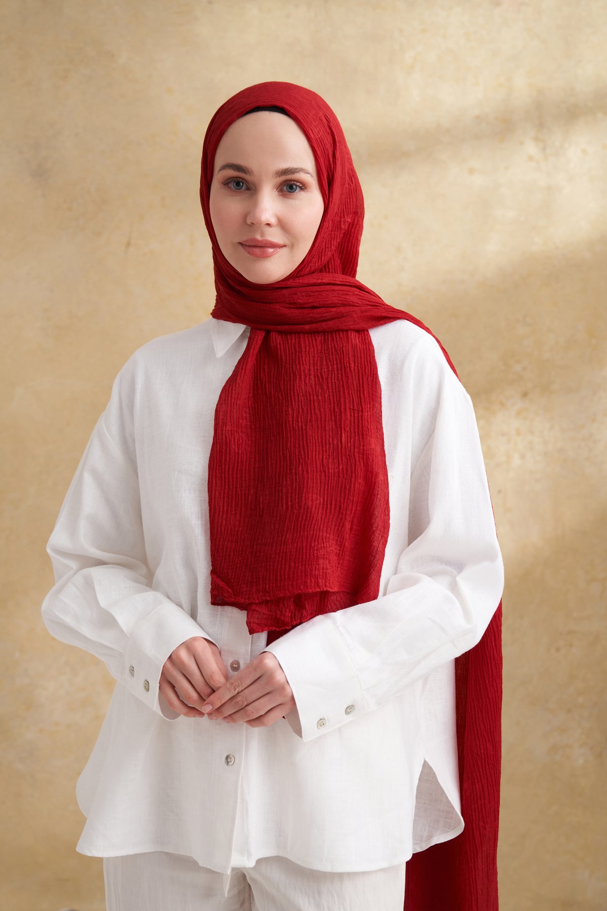 MÜSLİN YAPRAK DESEN ŞAL - KIRMIZI