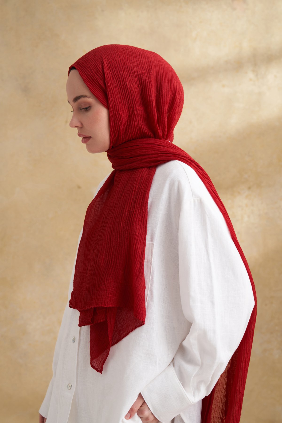 MÜSLİN YAPRAK DESEN ŞAL - KIRMIZI