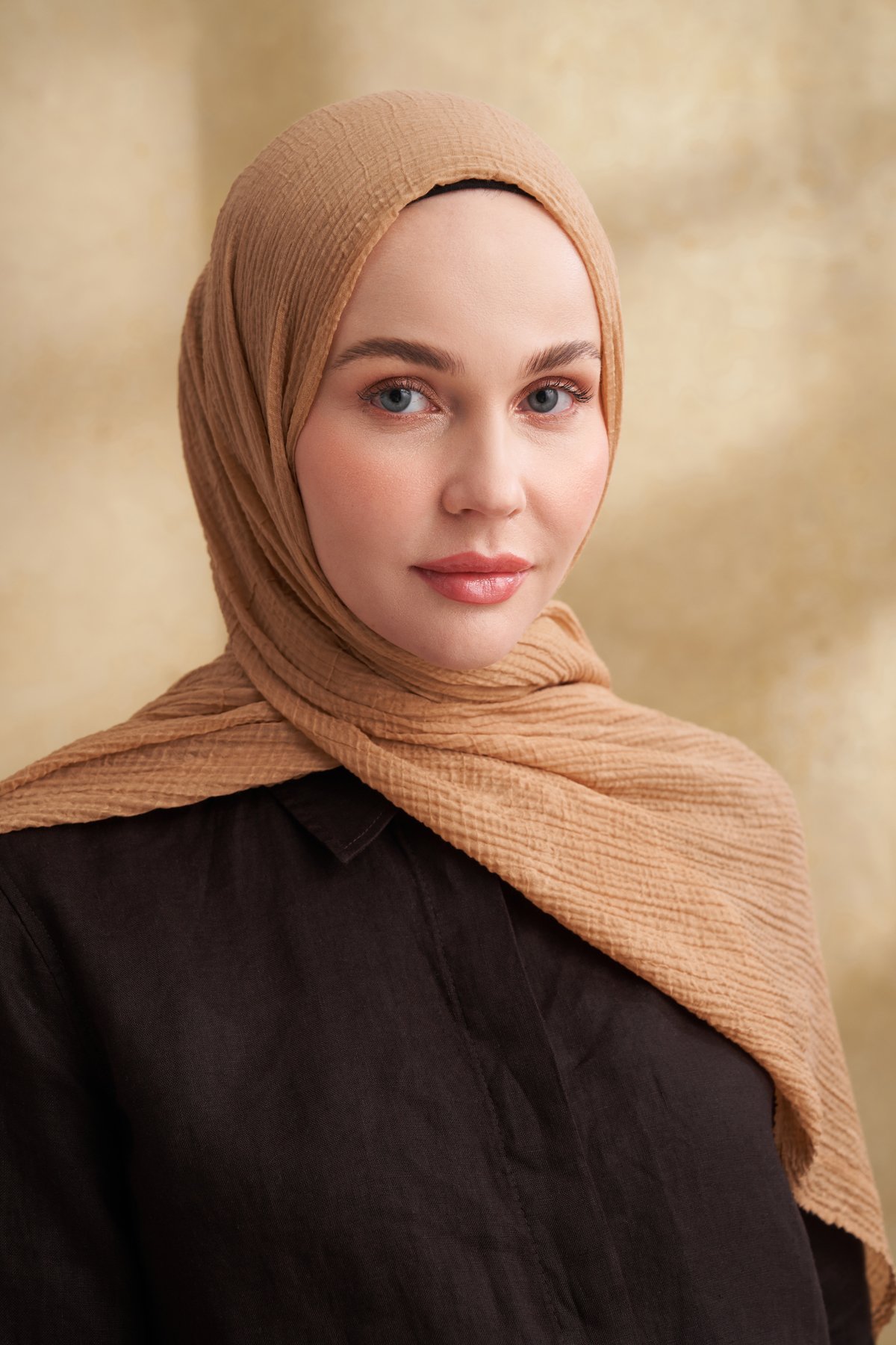 MÜSLİN YAPRAK DESEN ŞAL - KOYU BEJ