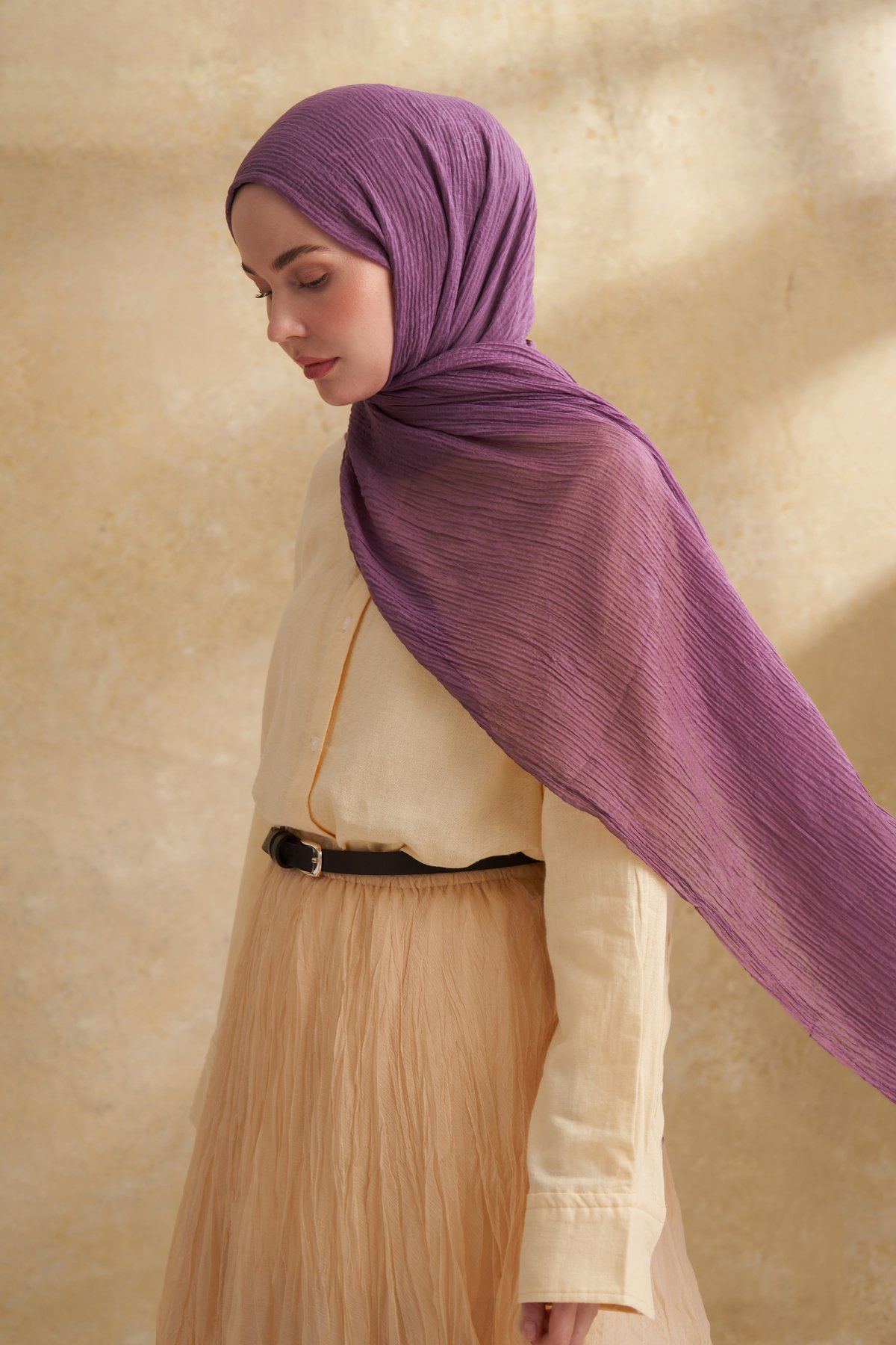 MÜSLİN YAPRAK DESEN ŞAL - LEYLAK