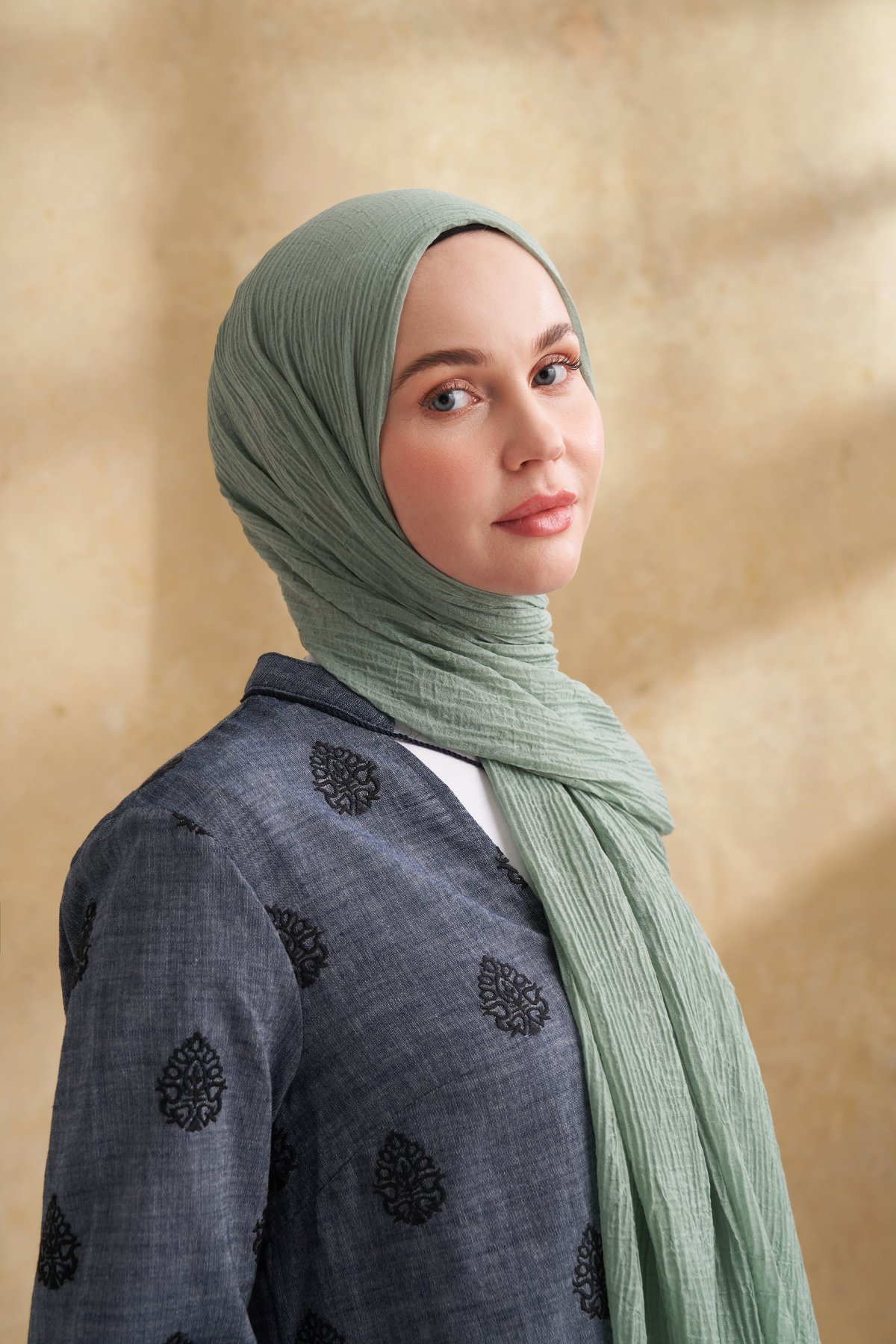 MÜSLİN YAPRAK DESEN ŞAL - MİNT YEŞİLİ