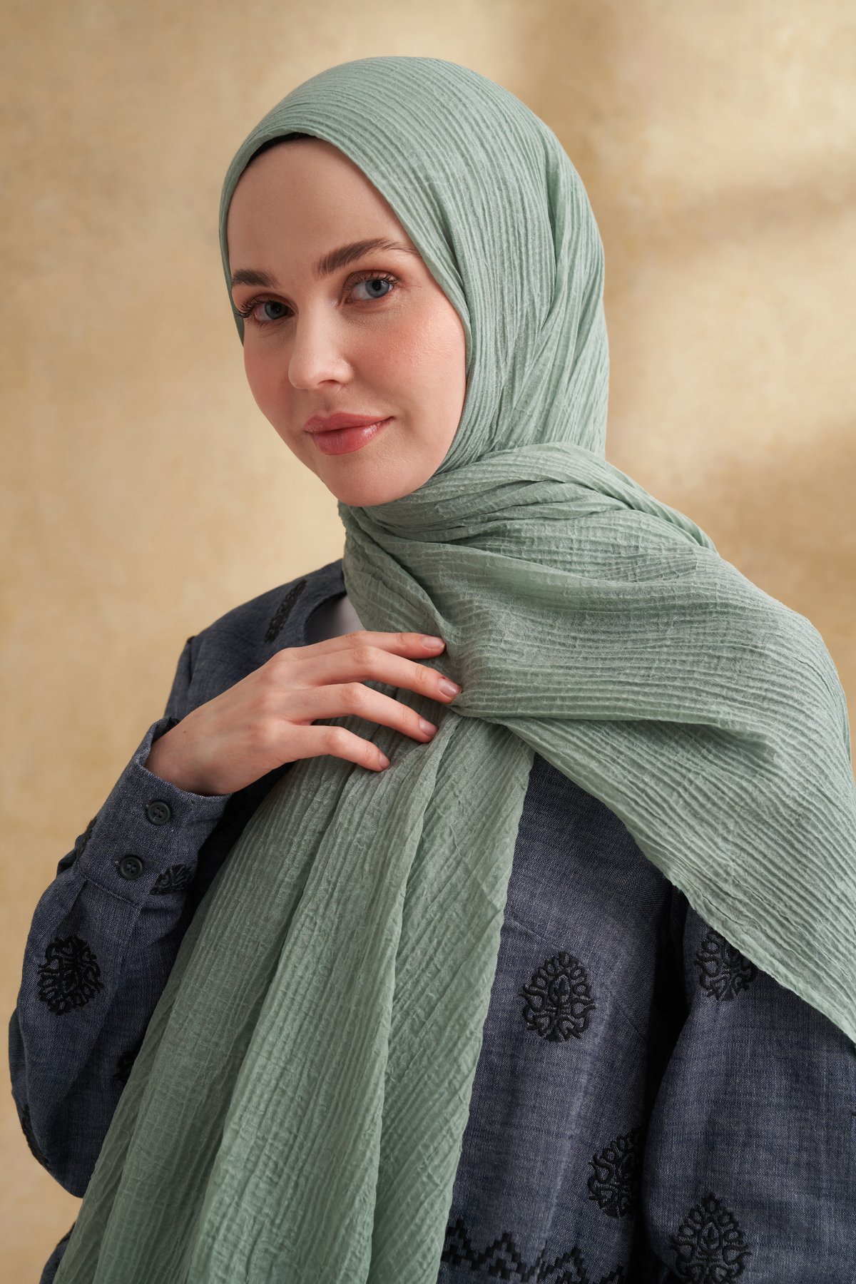 MÜSLİN YAPRAK DESEN ŞAL - MİNT YEŞİLİ