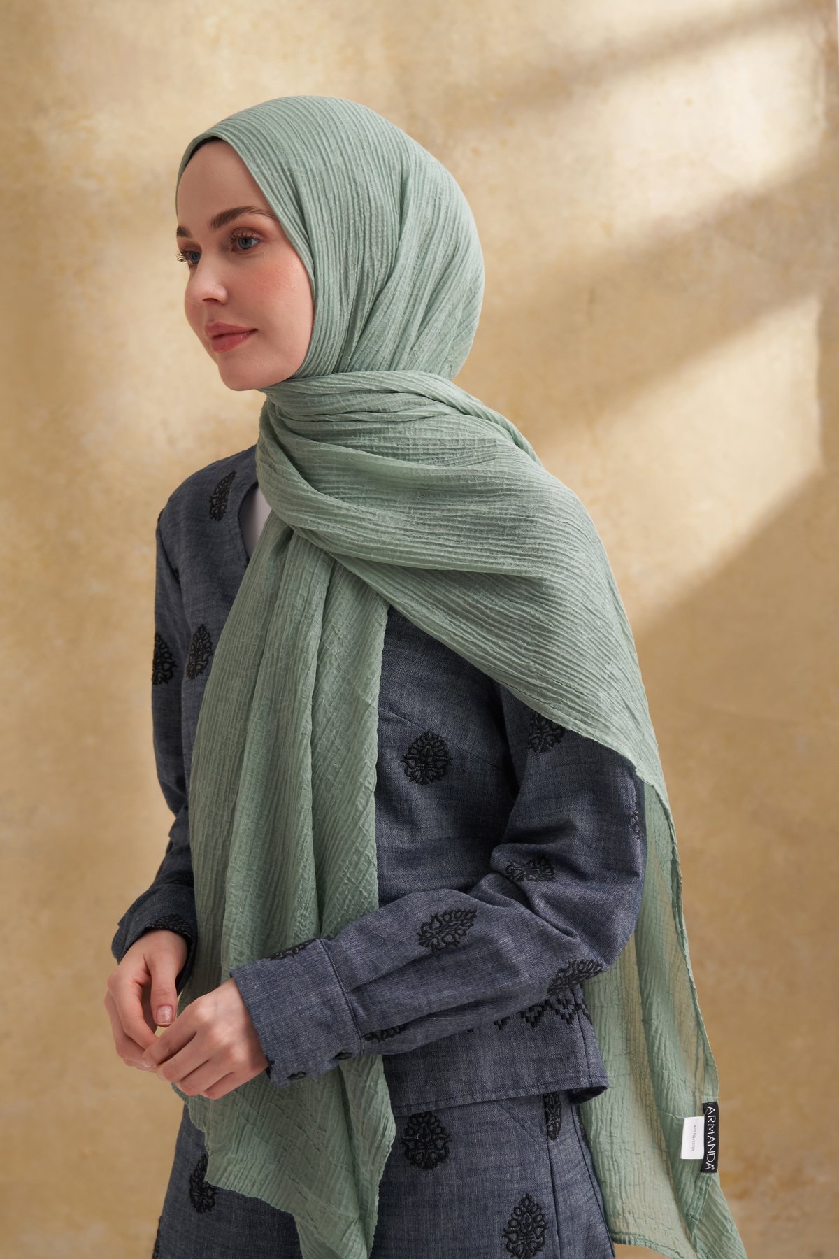 MÜSLİN YAPRAK DESEN ŞAL - MİNT YEŞİLİ