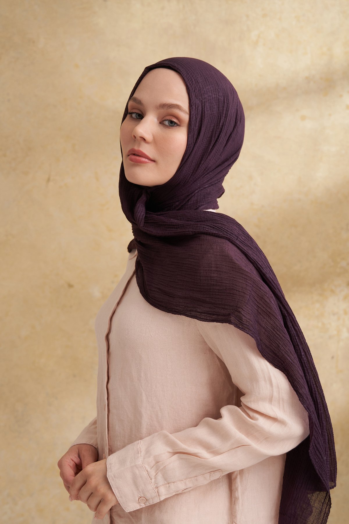 MÜSLİN YAPRAK DESEN ŞAL - MÜRDÜM