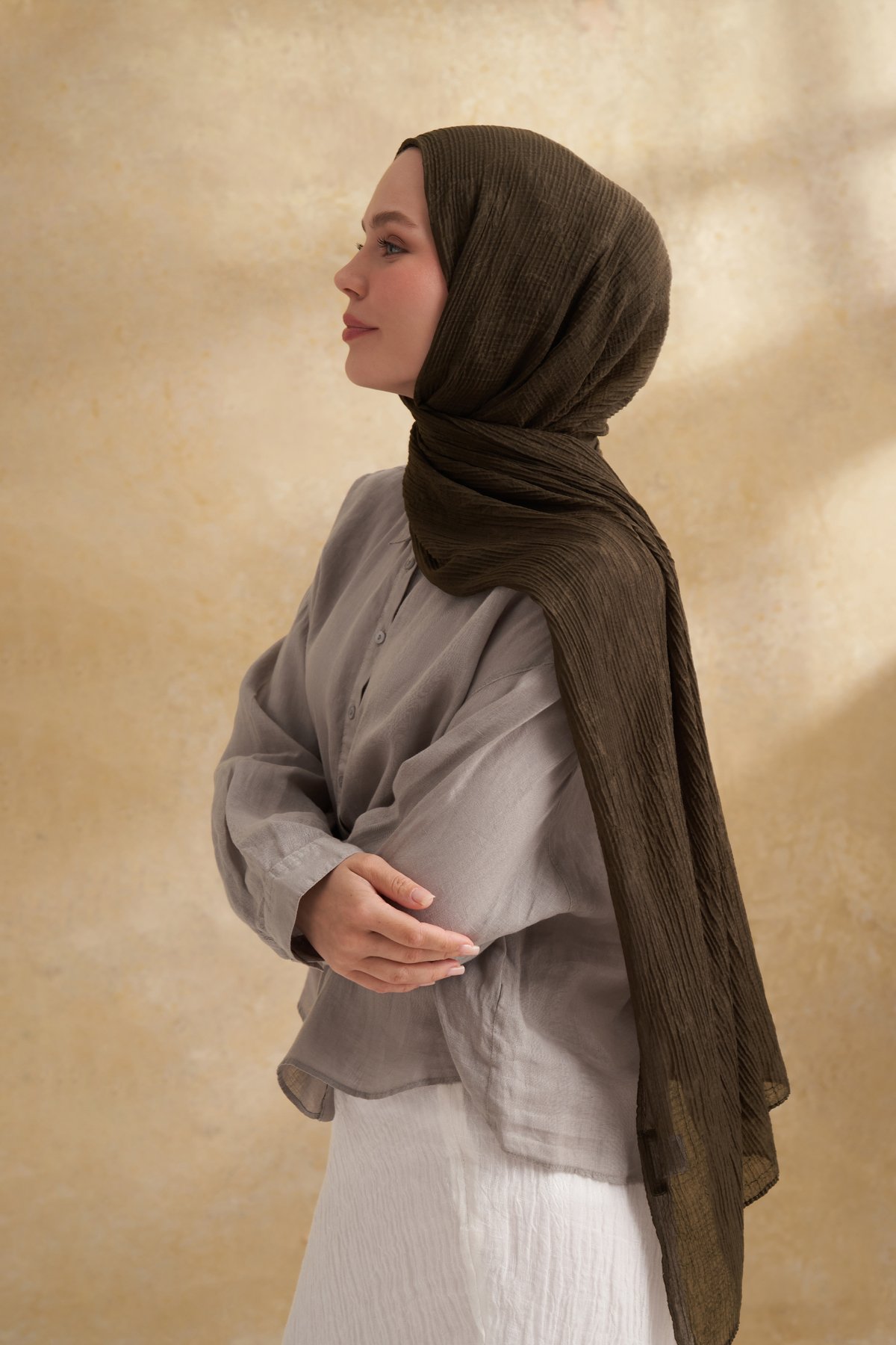 MÜSLİN YAPRAK DESEN ŞAL - YOSUN