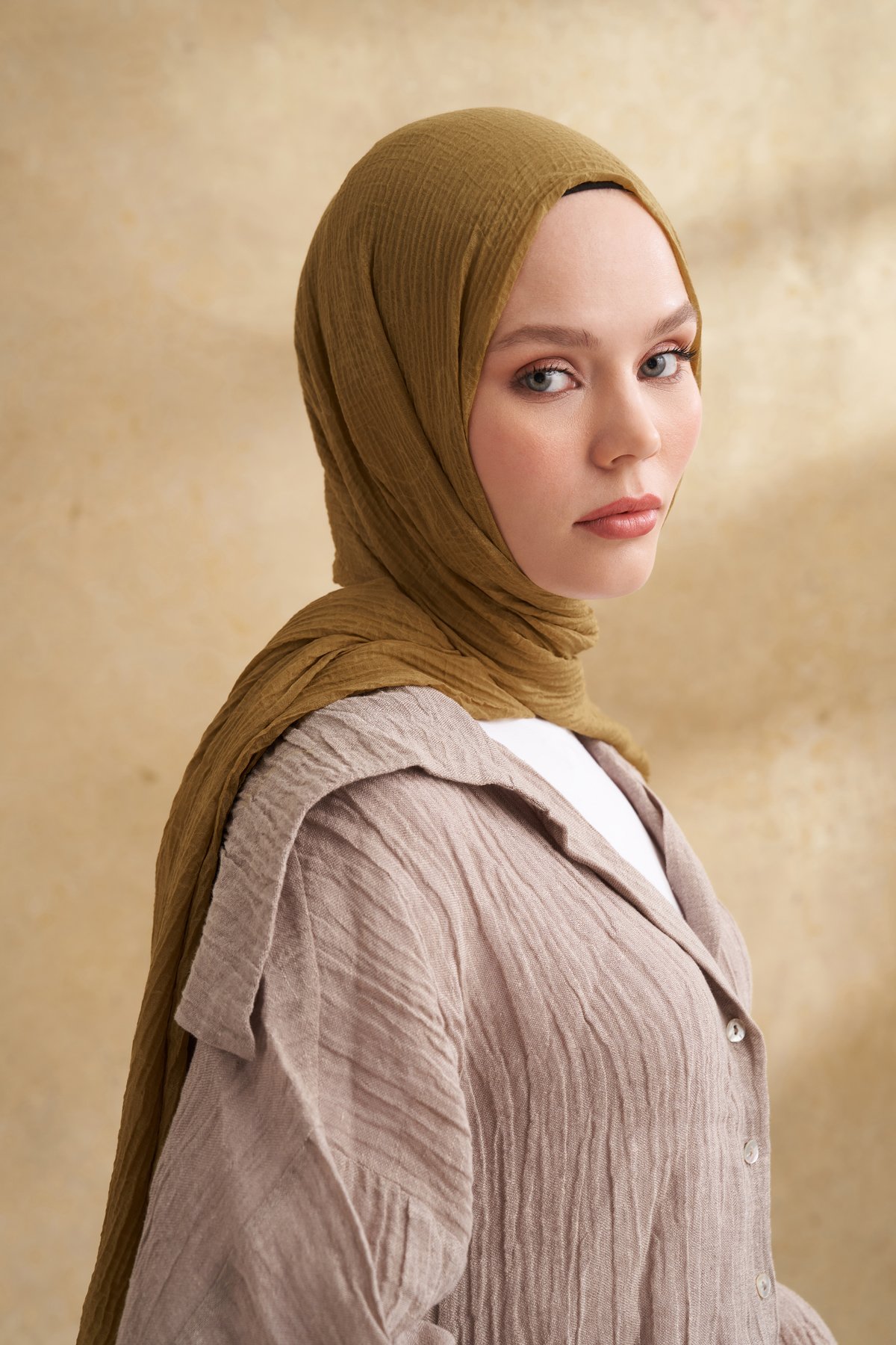 MÜSLİN YAPRAK DESEN ŞAL - ZEYTİN