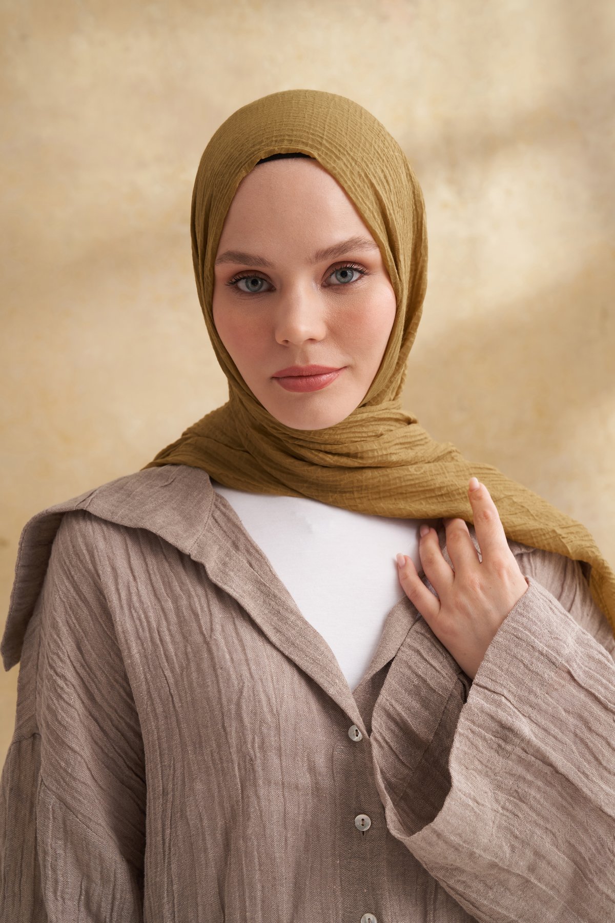 MÜSLİN YAPRAK DESEN ŞAL - ZEYTİN