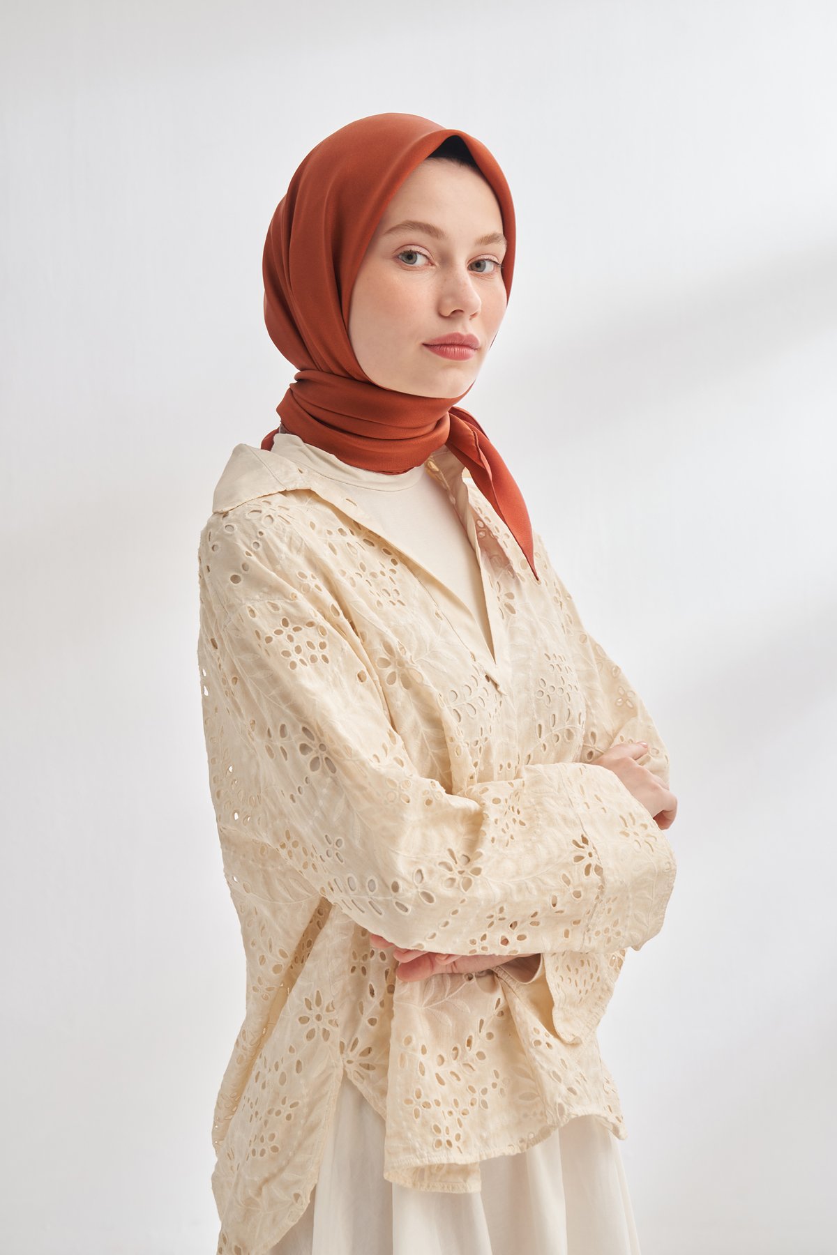 PREMIUM ÇİFT TARAFLI TWILL İPEK EŞARP -  TABA - KİREMİT