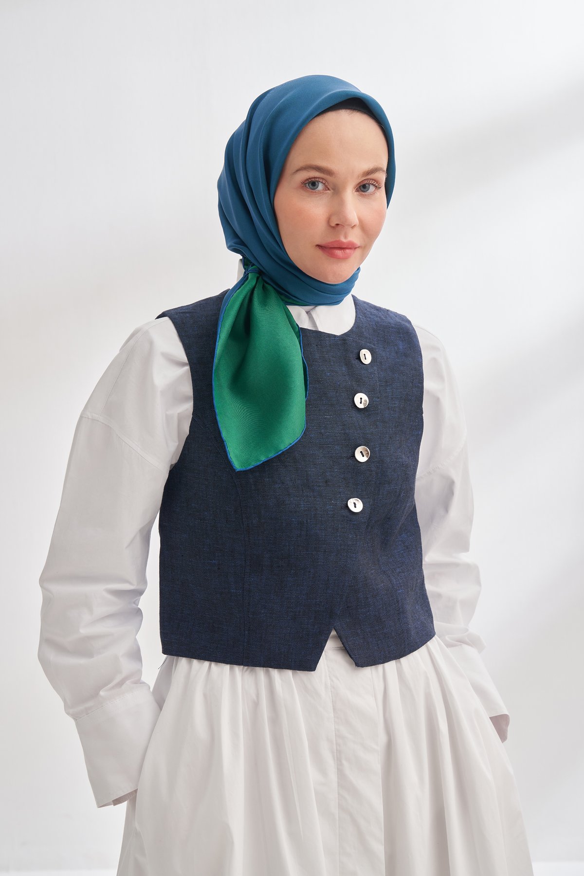 PREMIUM ÇİFT TARAFLI TWILL İPEK EŞARP - SAKS - BENETTON