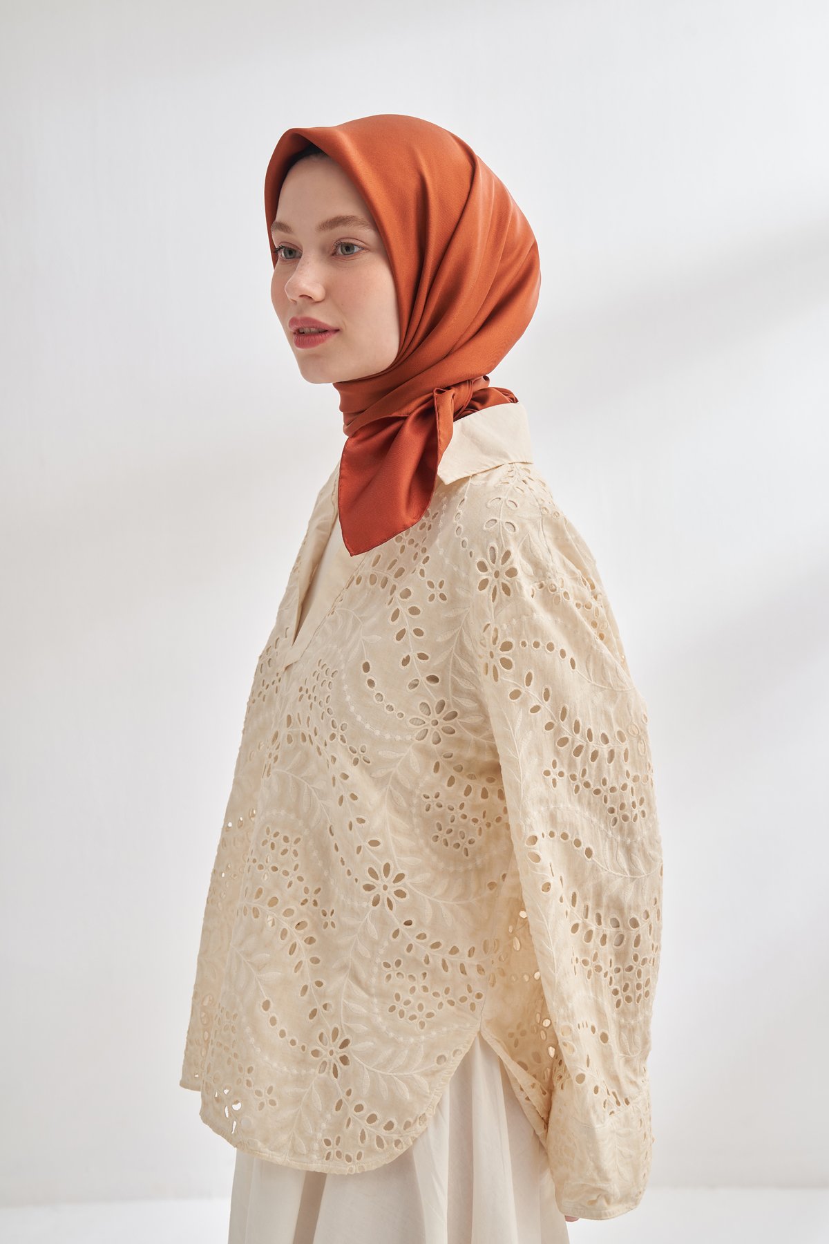 PREMIUM ÇİFT TARAFLI TWILL İPEK EŞARP -  TABA - KİREMİT