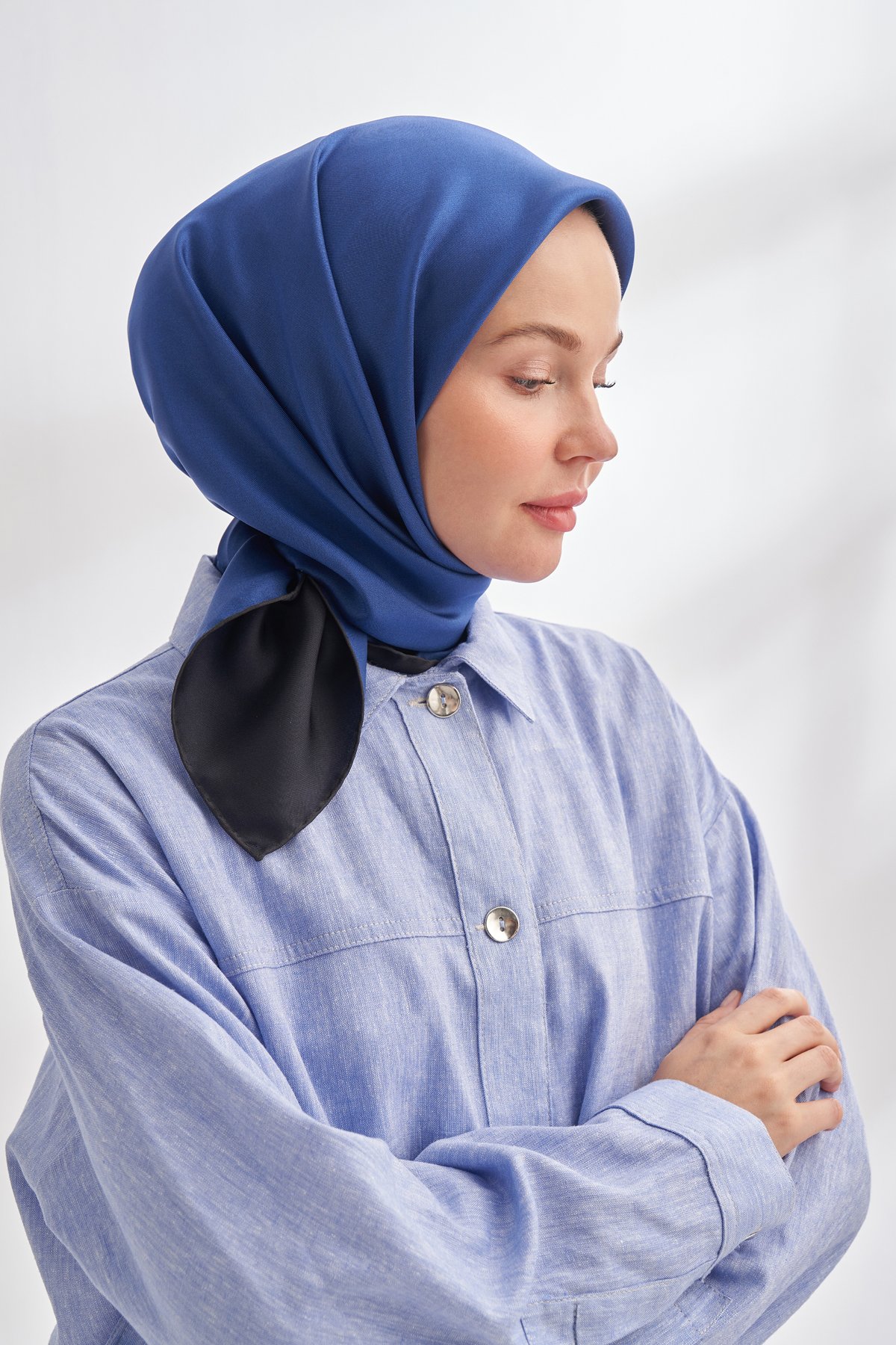 PREMIUM ÇİFT TARAFLI TWILL İPEK EŞARP - SİYAH - SAKS