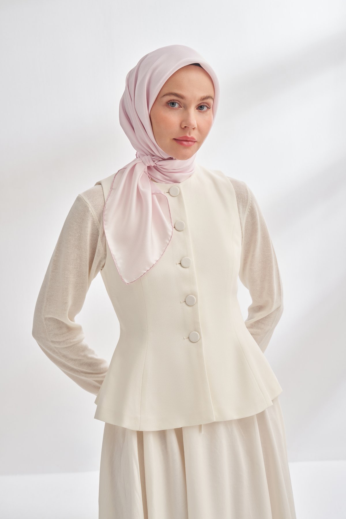 PREMIUM ÇİFT TARAFLI TWILL İPEK EŞARP - TOZ PUDRA - ÇAKIL TAŞI