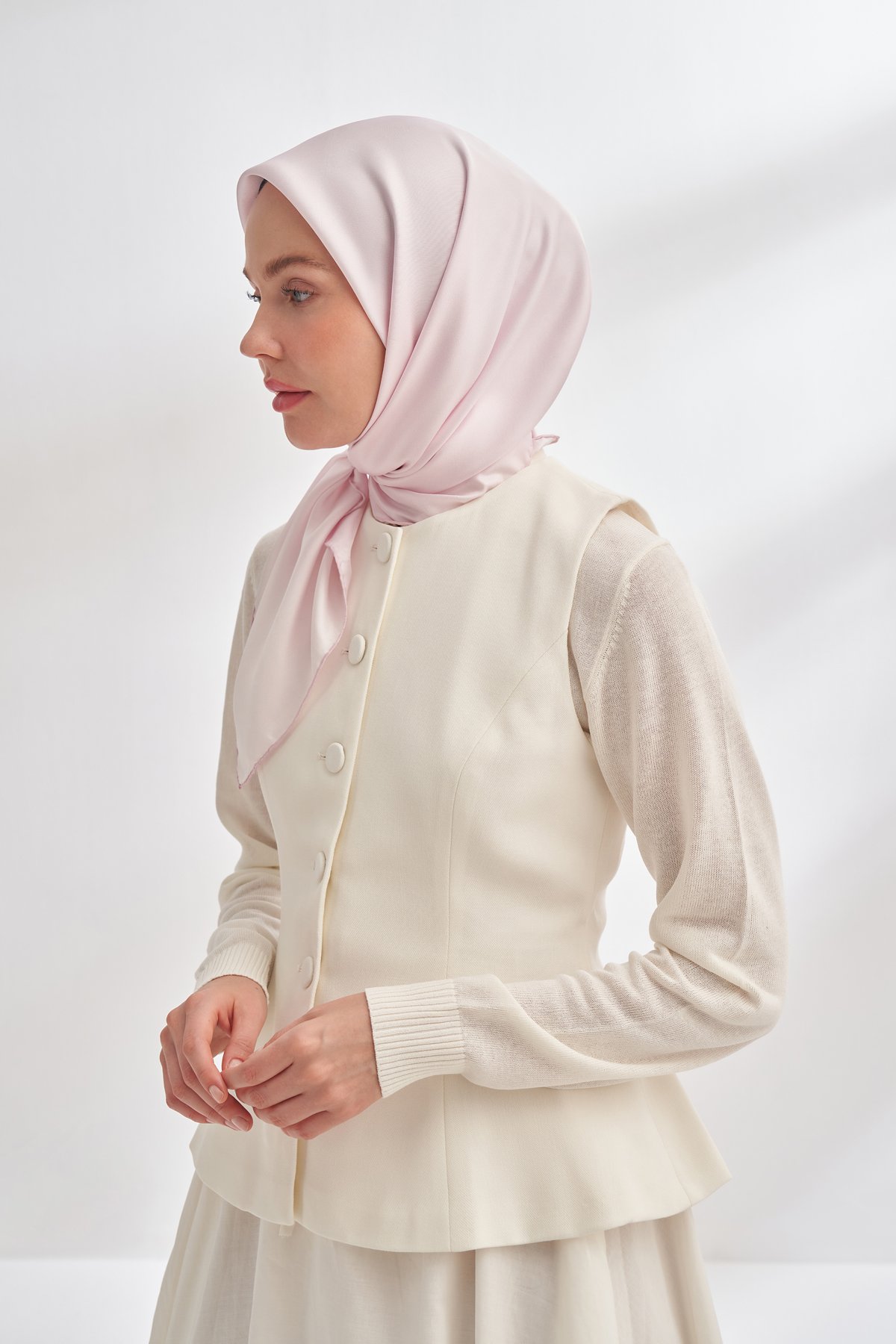 PREMIUM ÇİFT TARAFLI TWILL İPEK EŞARP - TOZ PUDRA - ÇAKIL TAŞI