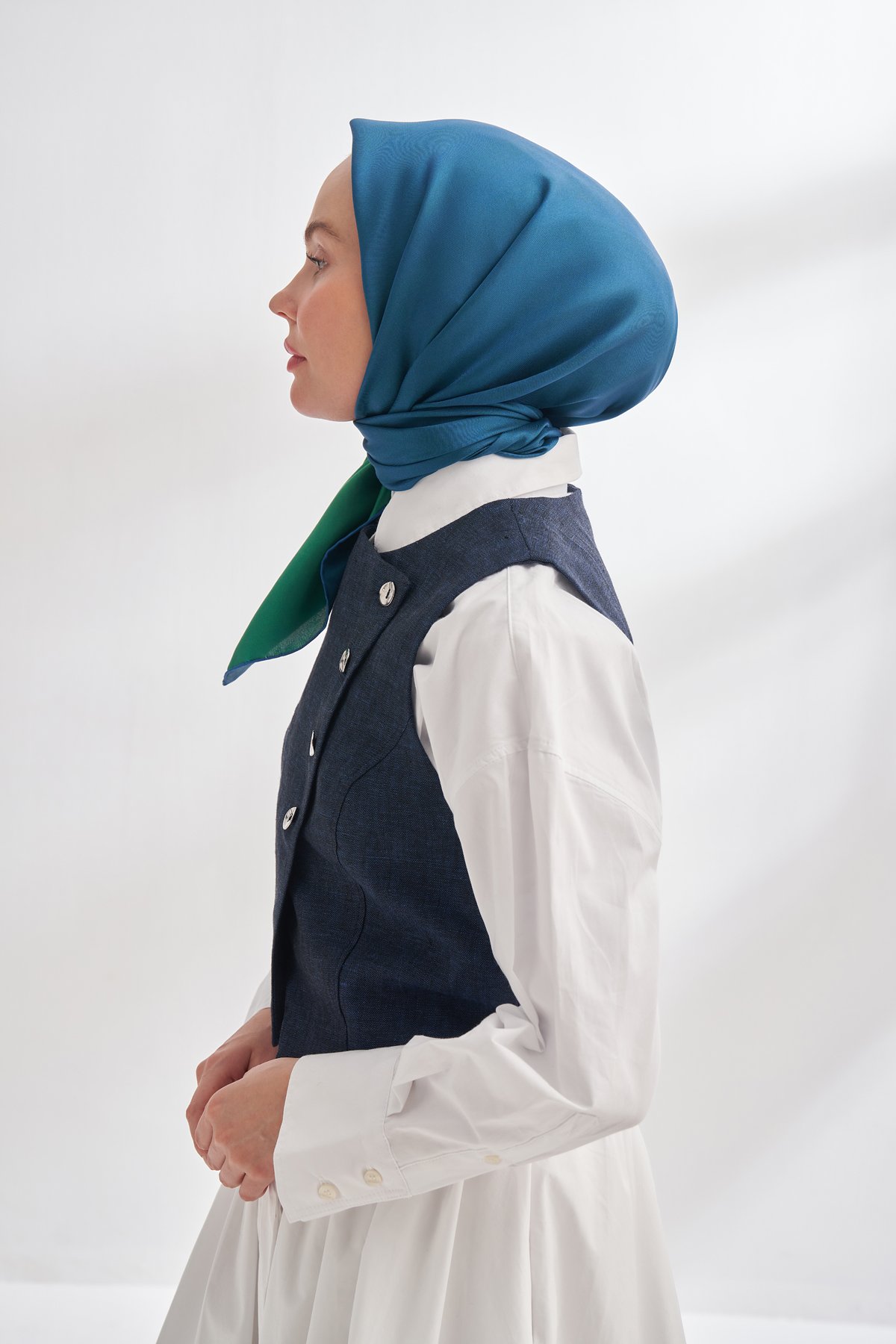 PREMIUM ÇİFT TARAFLI TWILL İPEK EŞARP - SAKS - BENETTON