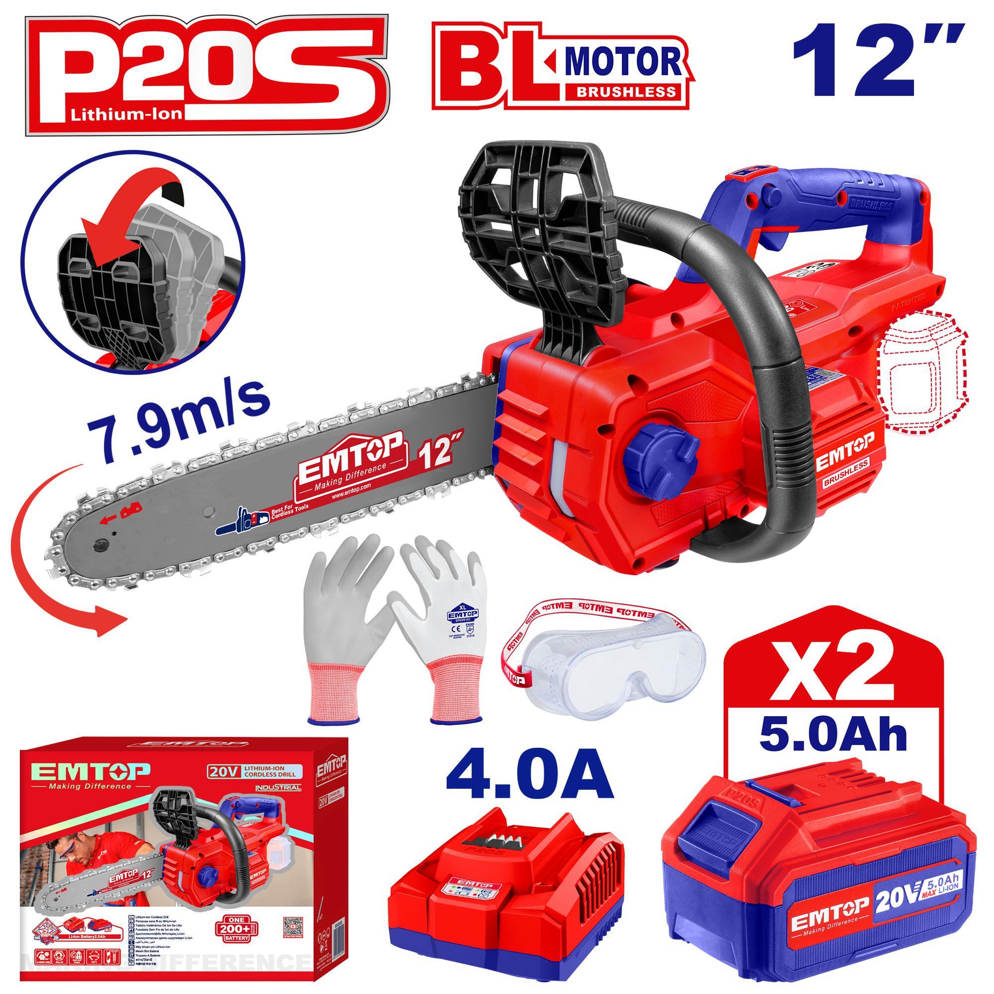 Ağaç MotoruEmtop Akülü Mini Ağaç Motoru 30CM 20V (5Ah Akü+Şarjer)