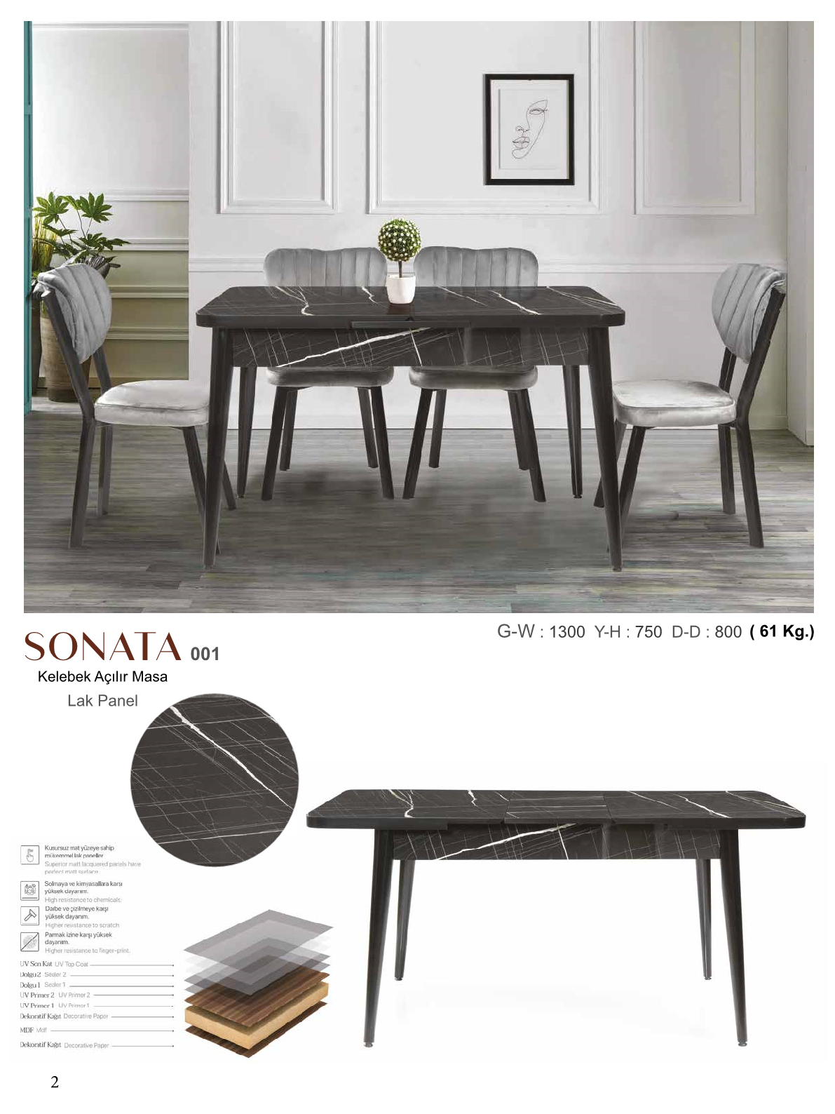 MasaKelebek Açılır Masa Sonata Lak Panel 130CMx75CMx80CM