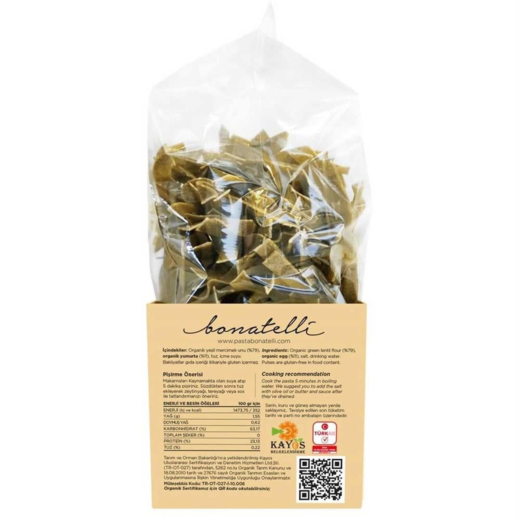 Bonatelli Organik Makarna Yeşil Mercimek Unlu Çubuk Makarna 400 g e
