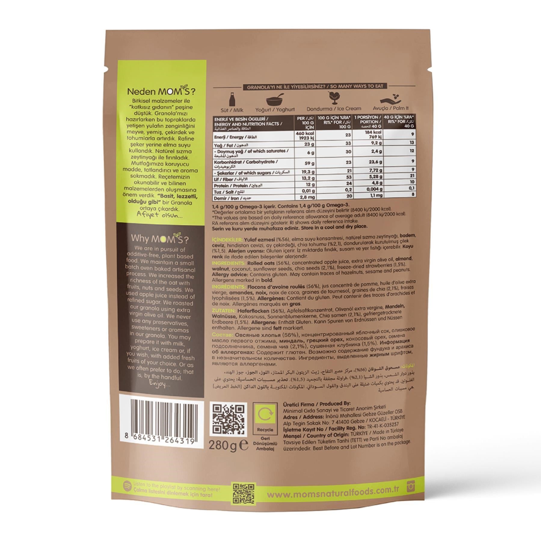 Mom's Natural Foods Çilek+Chia Granola 280 g e