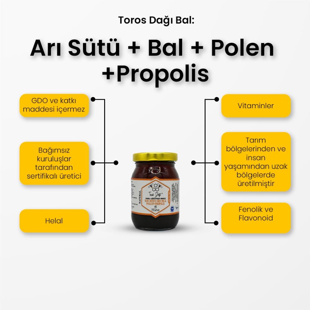 Toros Dağı Ham Bal + Arı Sütü + Polen + Propolis Karışım Balı 225 g e