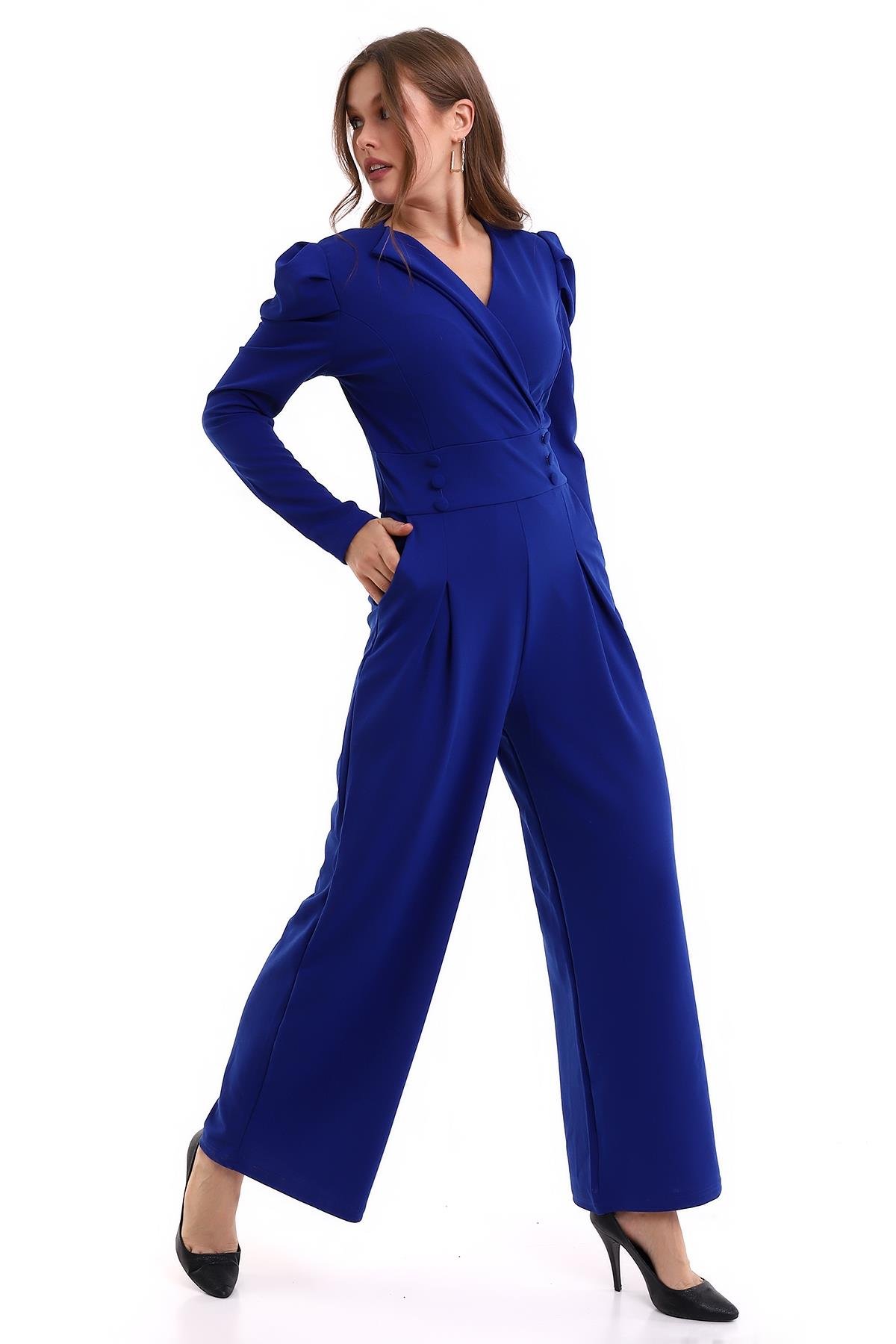  Krep Kumaş Düğme Detay Geniş Paça Uzun Kollu Mavi Abiye Tulum Blue Bodysuit 029