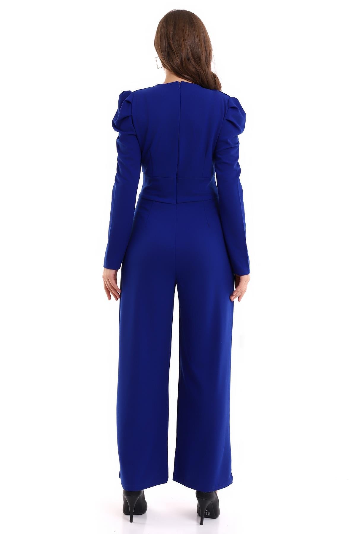  Krep Kumaş Düğme Detay Geniş Paça Uzun Kollu Mavi Abiye Tulum Blue Bodysuit 029