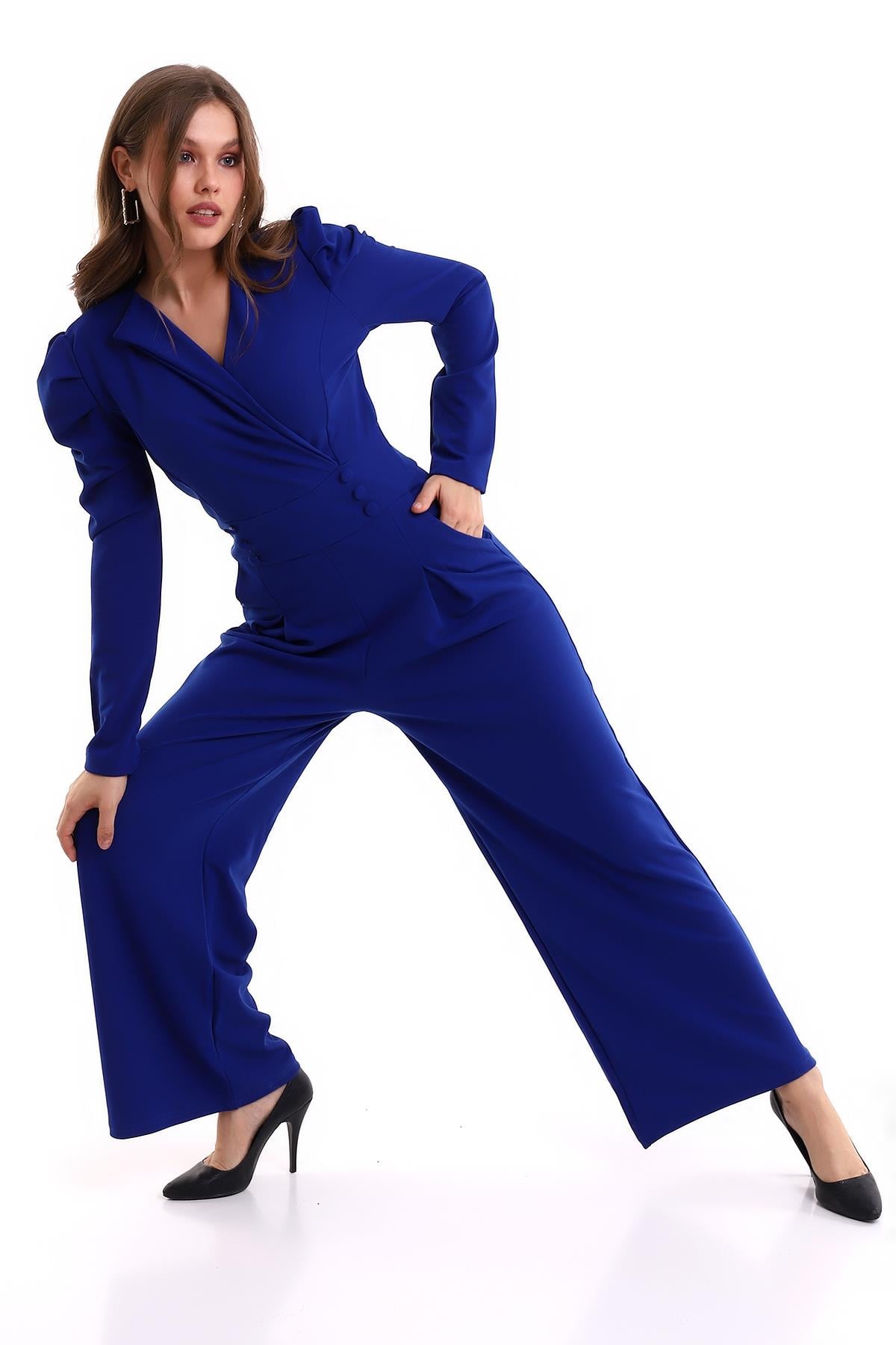  Krep Kumaş Düğme Detay Geniş Paça Uzun Kollu Mavi Abiye Tulum Blue Bodysuit 029