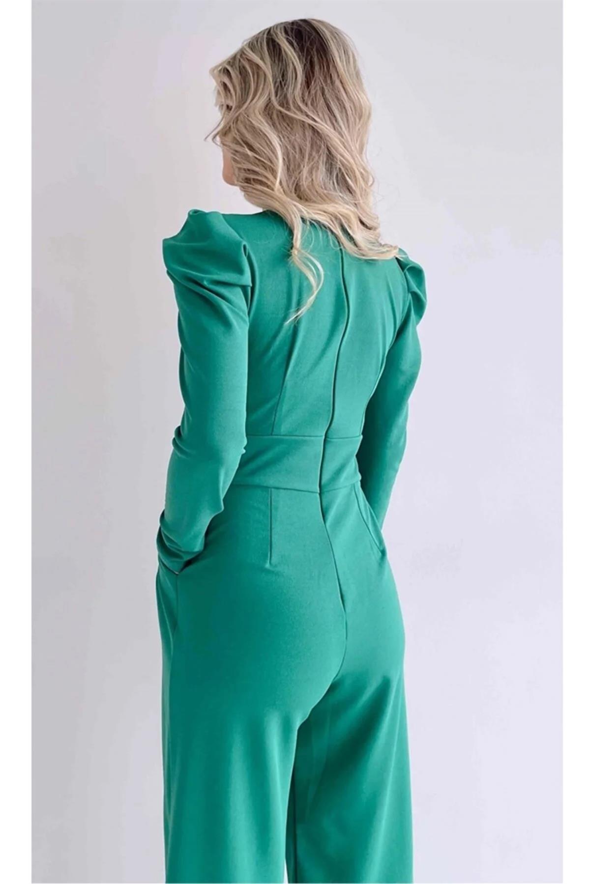  Krep Kumaş Düğme Detaylı Geniş Paça Uzun Kollu Yeşil Tulum Green Bodysuit 029