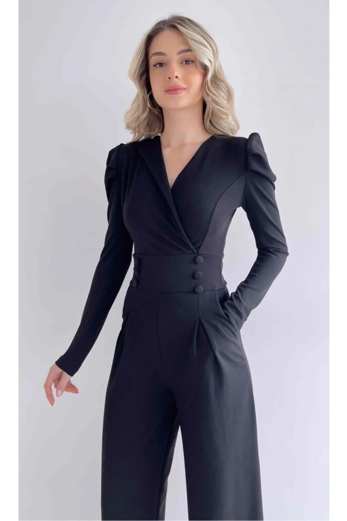  Krep Kumaş Düğme Detaylı Geniş Paça Uzun Kollu Siyah Tulum Black Bodysuit 029