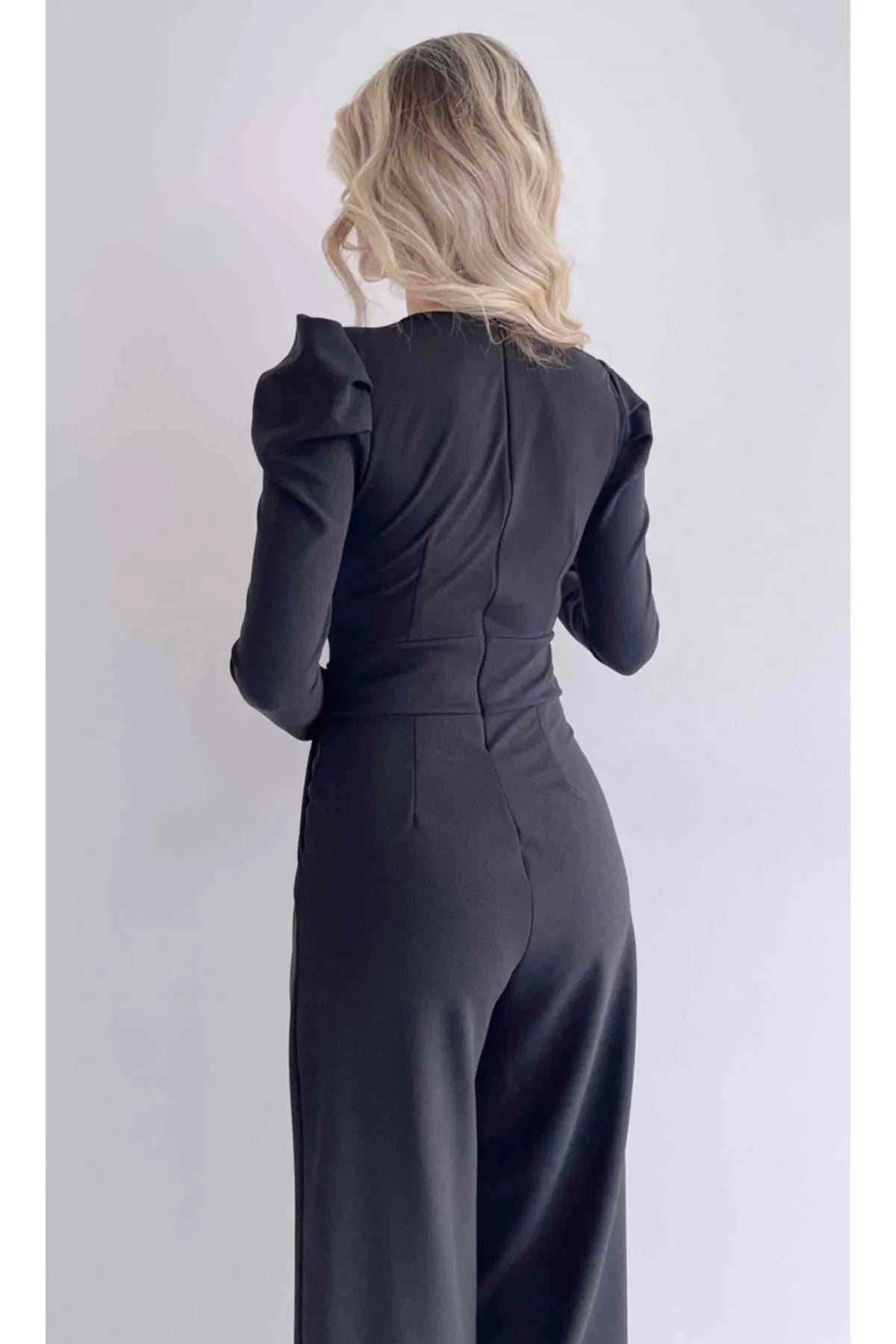  Krep Kumaş Düğme Detaylı Geniş Paça Uzun Kollu Siyah Tulum Black Bodysuit 029