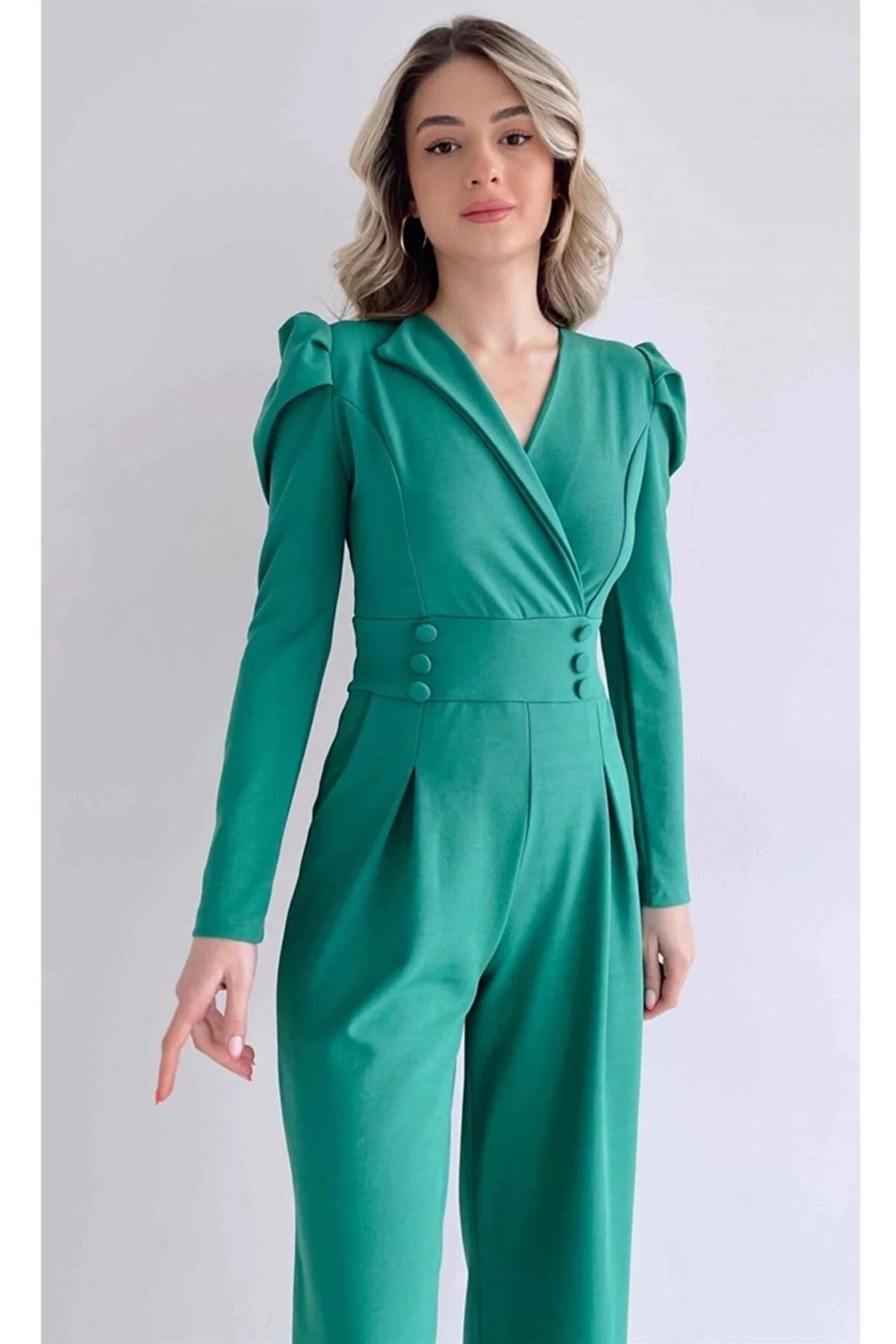  Krep Kumaş Düğme Detaylı Geniş Paça Uzun Kollu Yeşil Tulum Green Bodysuit 029