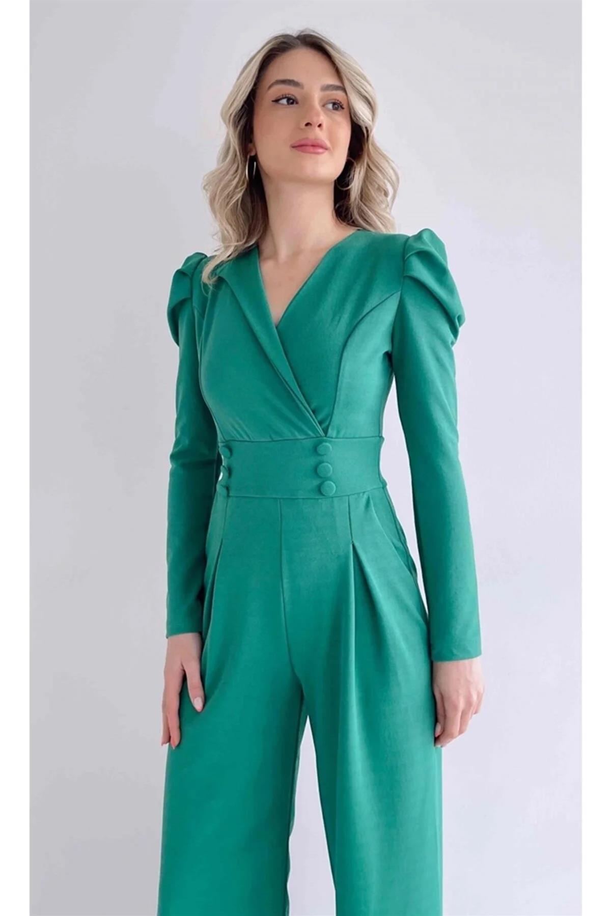  Krep Kumaş Düğme Detaylı Geniş Paça Uzun Kollu Yeşil Tulum Green Bodysuit 029