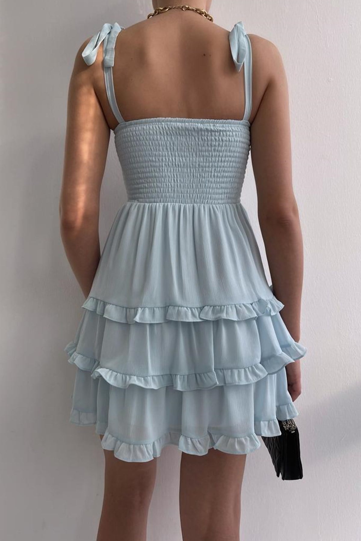 AEROBİN KUMAŞ GÖĞÜS DEKOLTELİ ETEĞİT KAT DETAYLI SIRTI GİPELİ BEBE MAVİ ELBİSE BABY BLUE DRESS MSCX-116-BEBEMAVİ