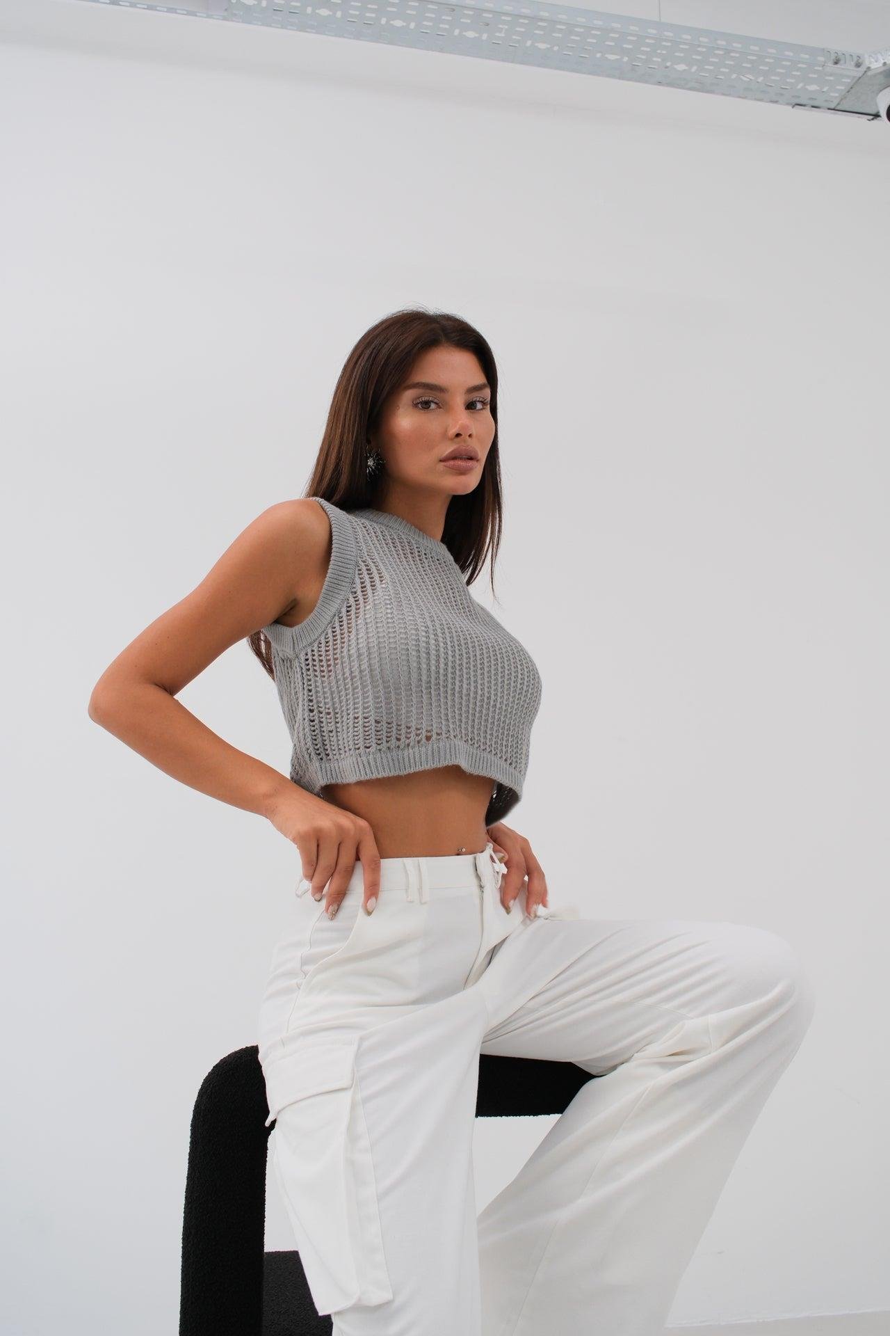 Ajurlu Gri Crop Süveter